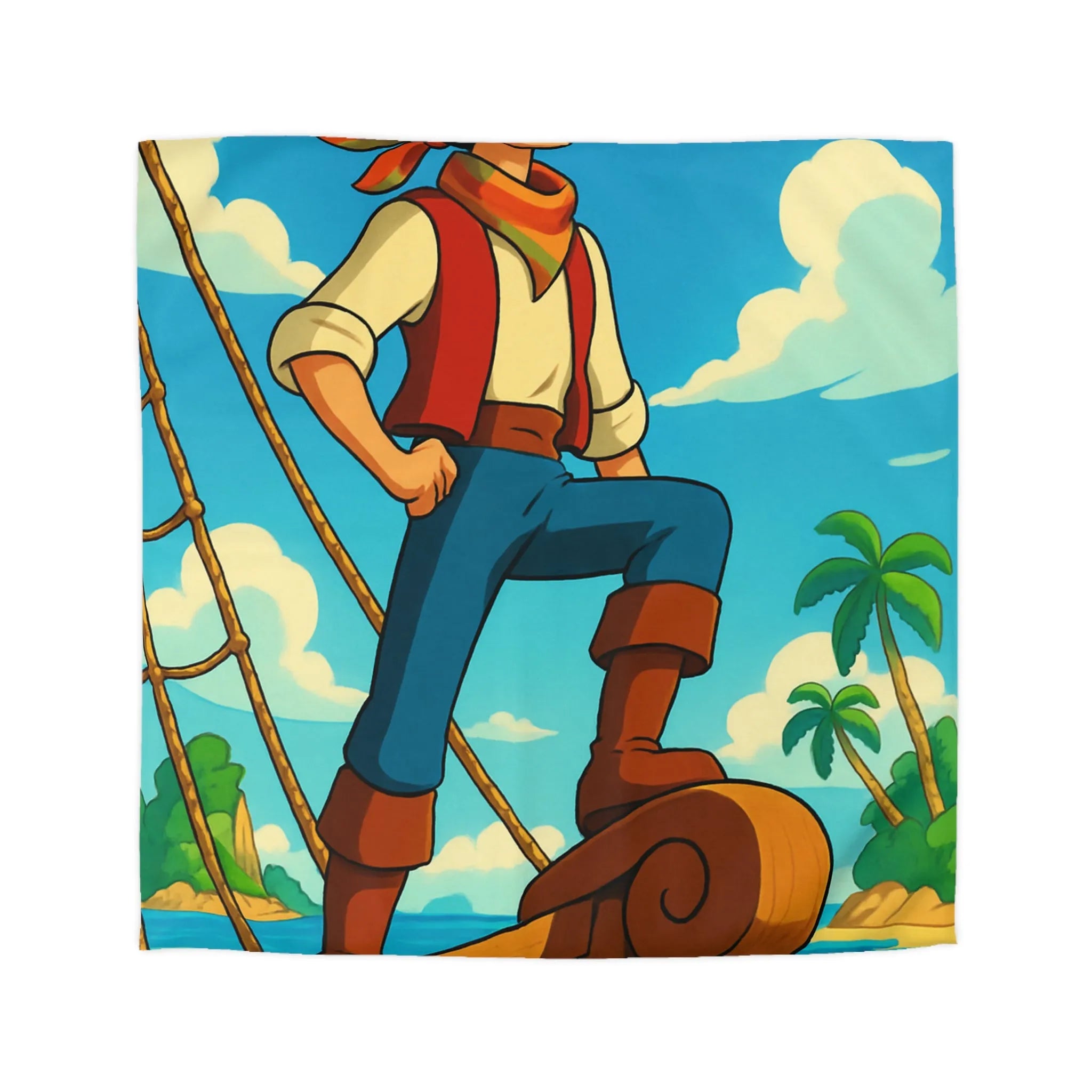 Housse de couette avec illustration de marin aventurier naviguant parmi palmiers et mer azur