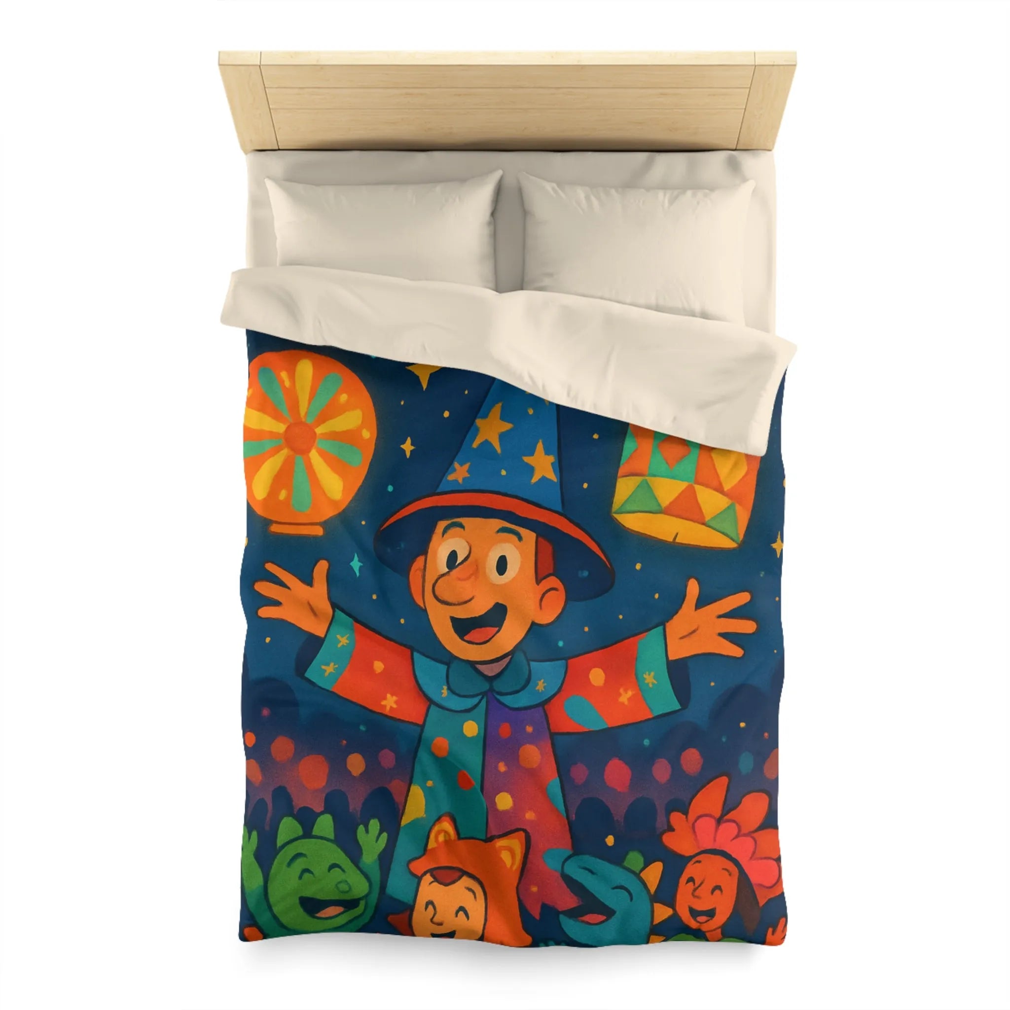 Housse de couette enfant au design magique de lanternes colorées et personnages joyeux