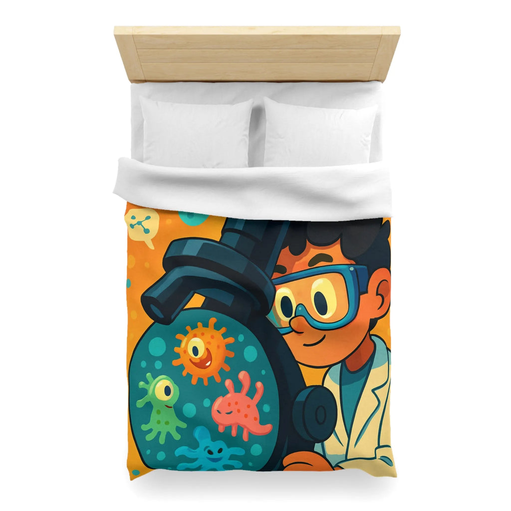 Housse de couette colorée avec jeunes scientifiques et microscope amusant pour enfants