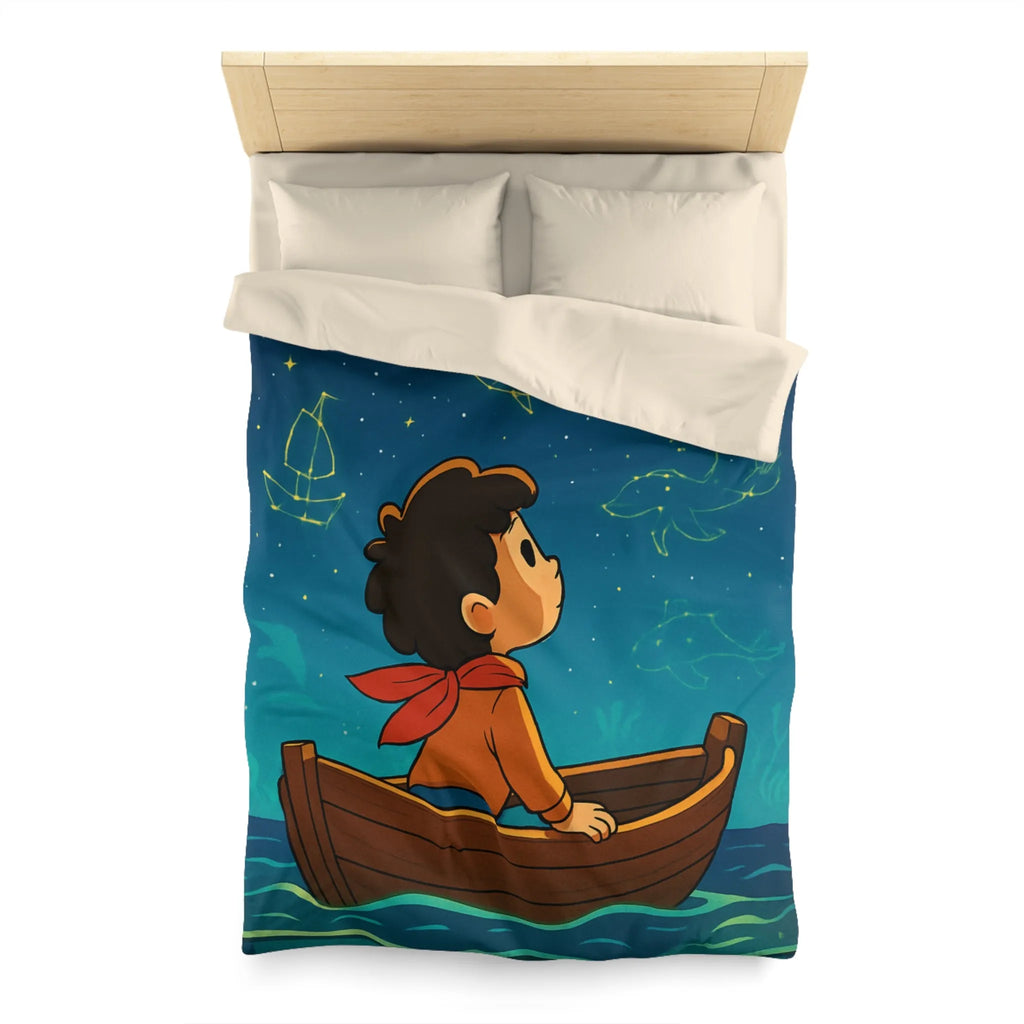 Enfant rêveur explorant les constellations marines lumineuses depuis un petit bateau paisible