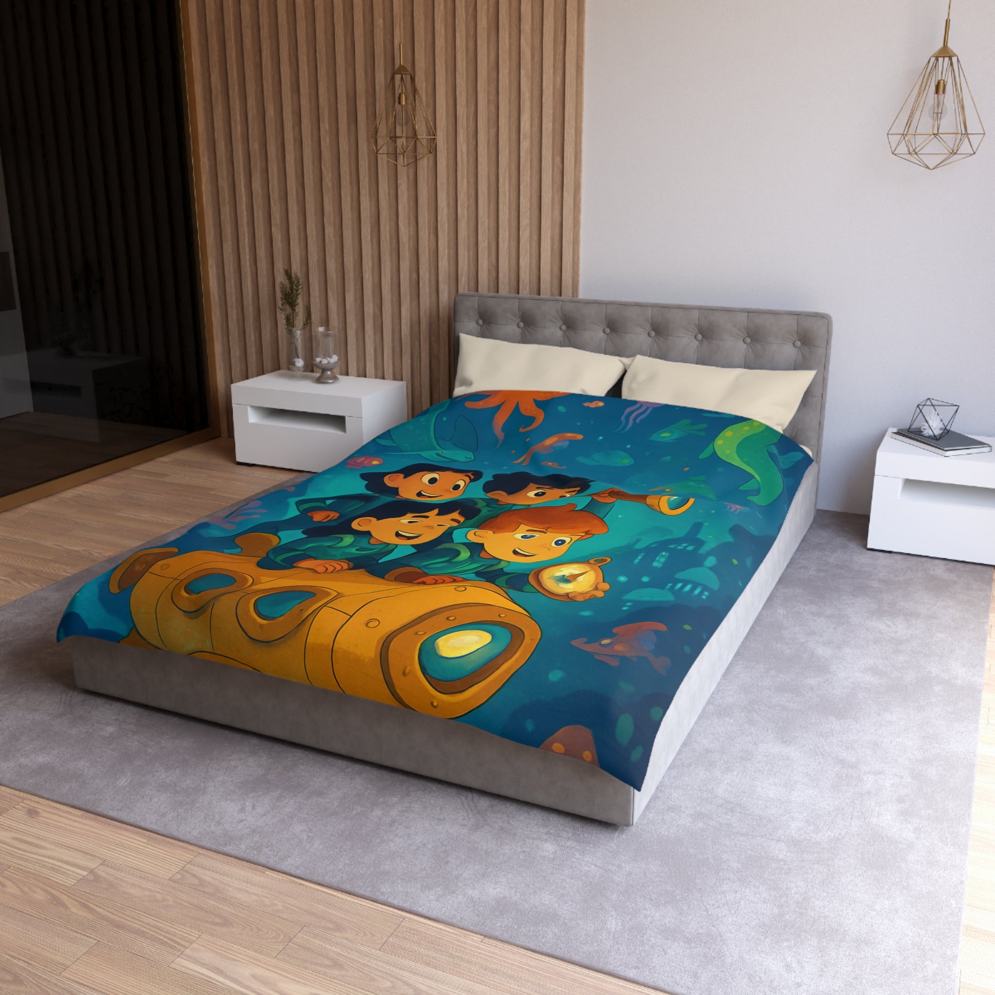 Housse de couette sous-marine avec enfants explorateurs et animaux marins joyeux