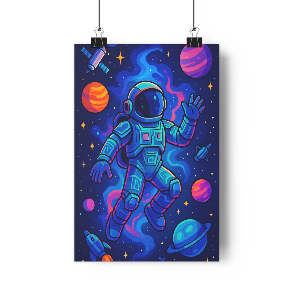 Poster décoratif cosmos astronaute planètes fusée satellite cartoon mystique bleu violet chambre bureau 30x46