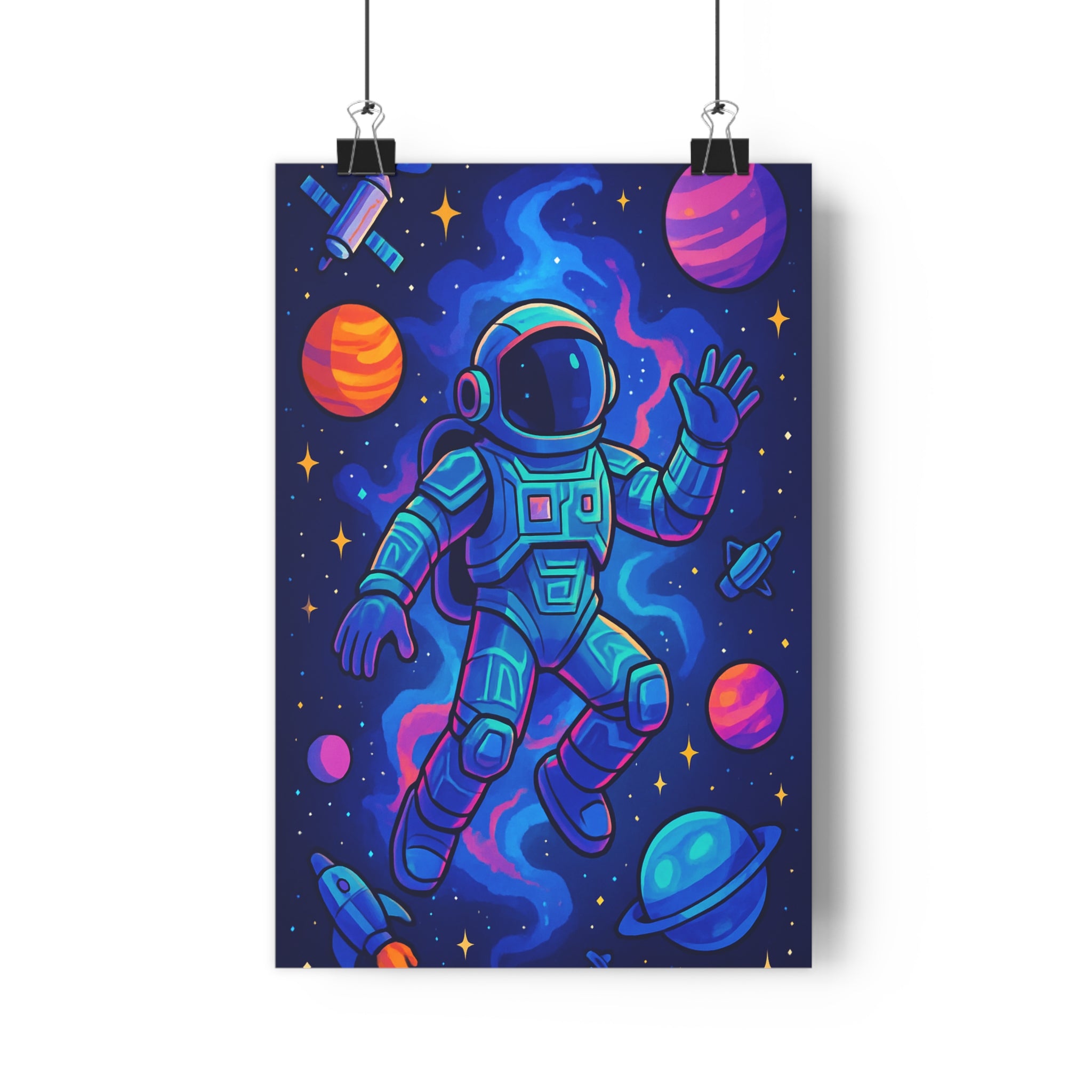 Poster décoratif cosmos astronaute planètes fusée satellite cartoon mystique bleu violet chambre bureau 30x46