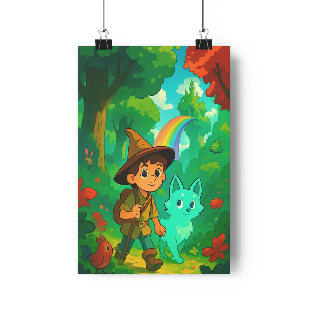 Poster décoratif féérique forêt enchantée aventurier mystique chapeau pointu coloré enfant nature vibrant unique