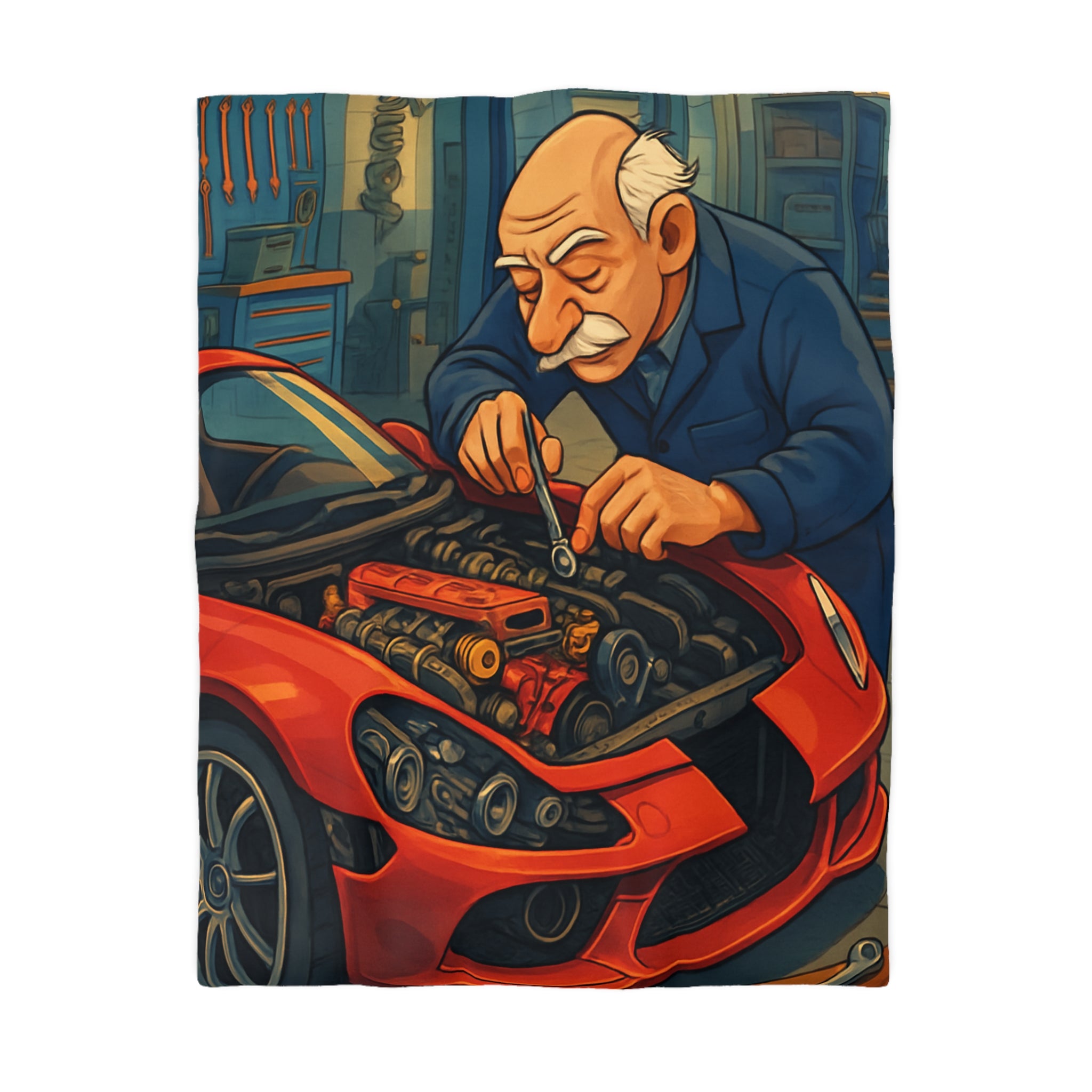 Housse de couette voiture rouge et mécanicien dans garage rétro pour chambre unique