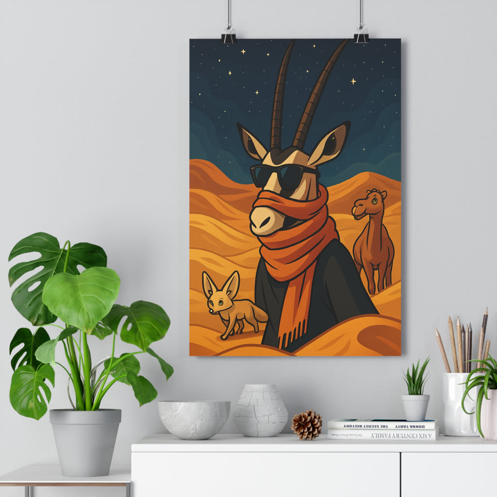 Poster décoratif cartoon désert aventure oryx fennec chameau sable étoiles chambre salon unique qualité