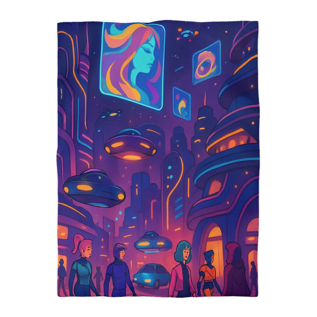 Housse de couette futuriste ville néon avec vaisseaux volants et affichages lumineux