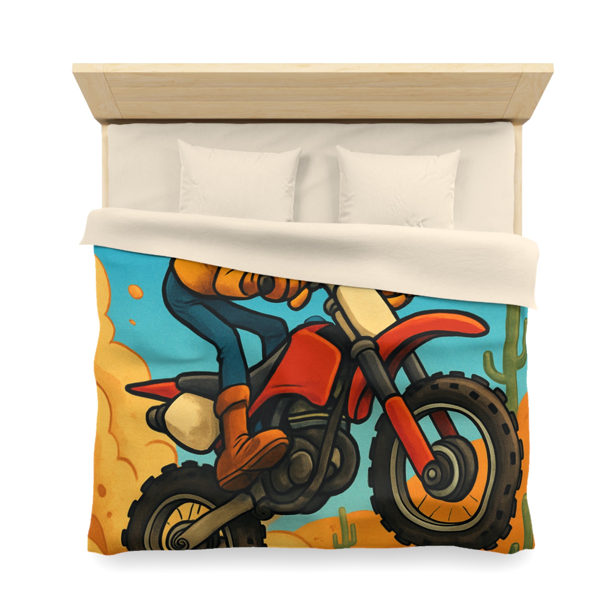 Motard animé sur motocross sautant à travers désert coloré avec cactus et nuages