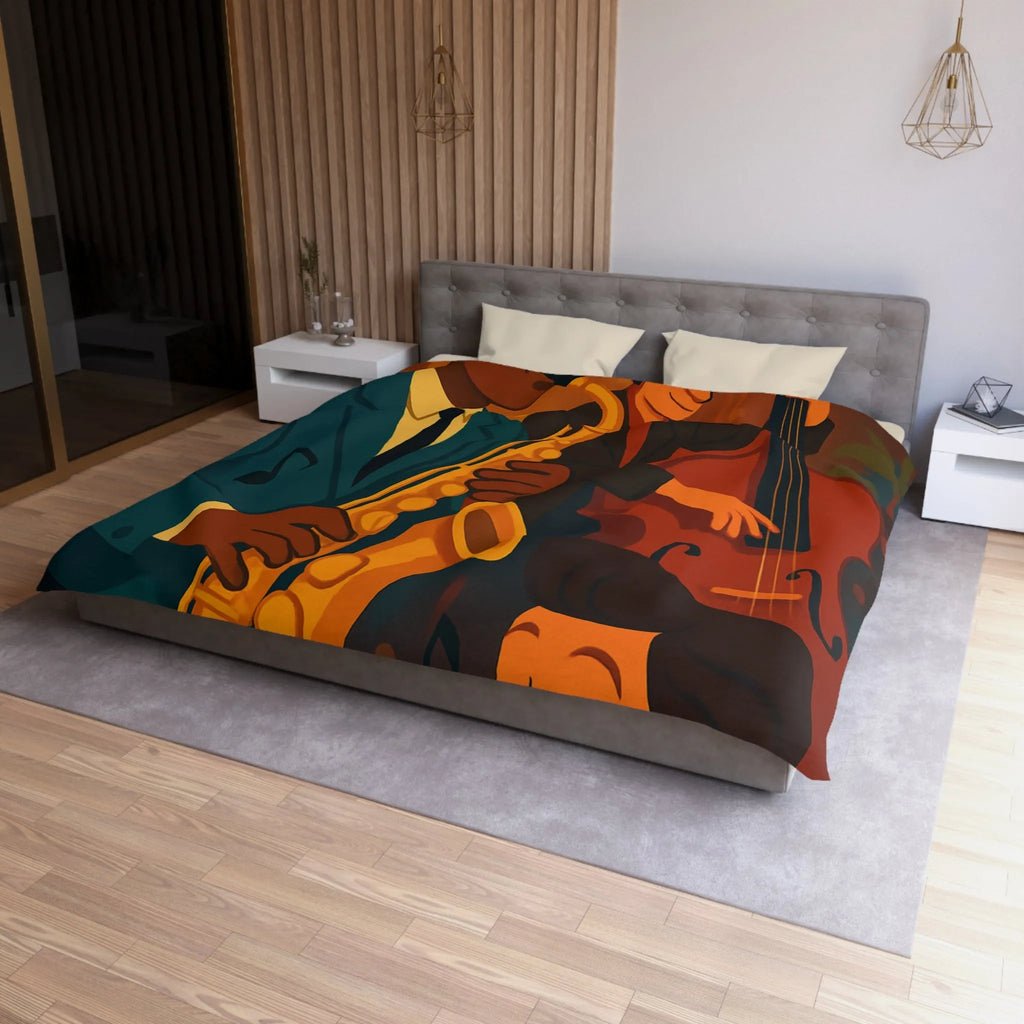 Housse de couette jazz rétro avec musiciens passionnés jouant du saxophone et contrebasse