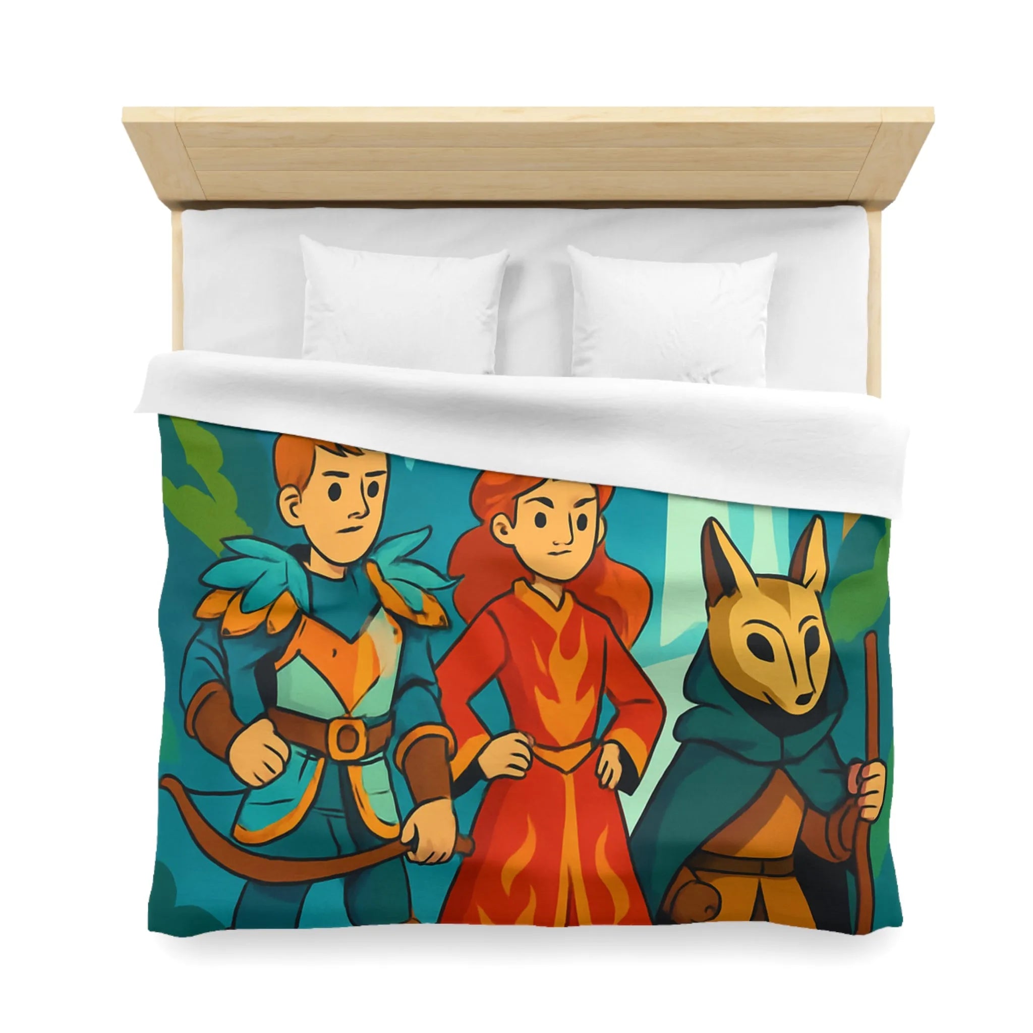 Housse de couette avec illustration aventureuse de personnages devant une cascade majestueuse