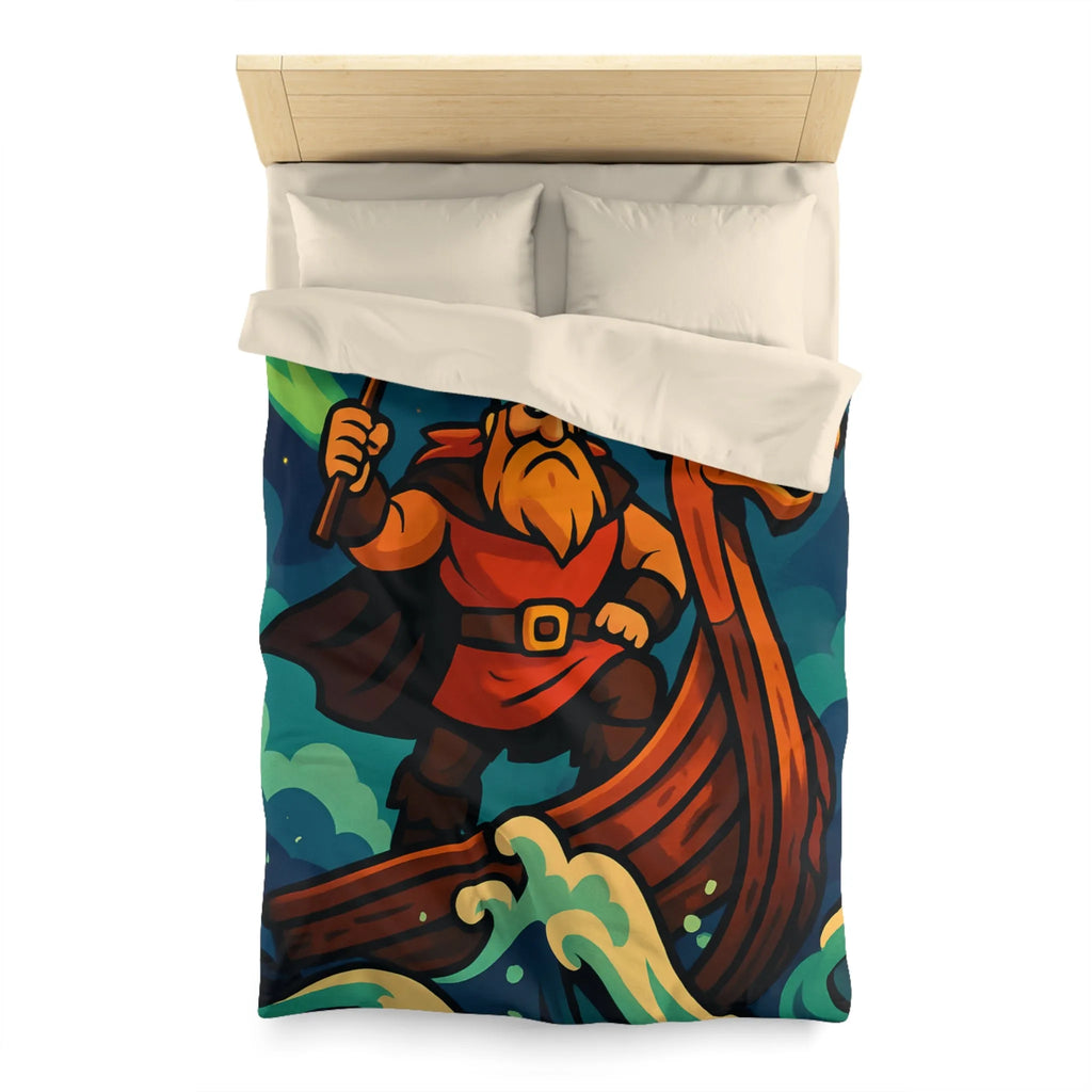 Housse de couette illustrée avec guerrier viking sur drakkar et aurores boréales