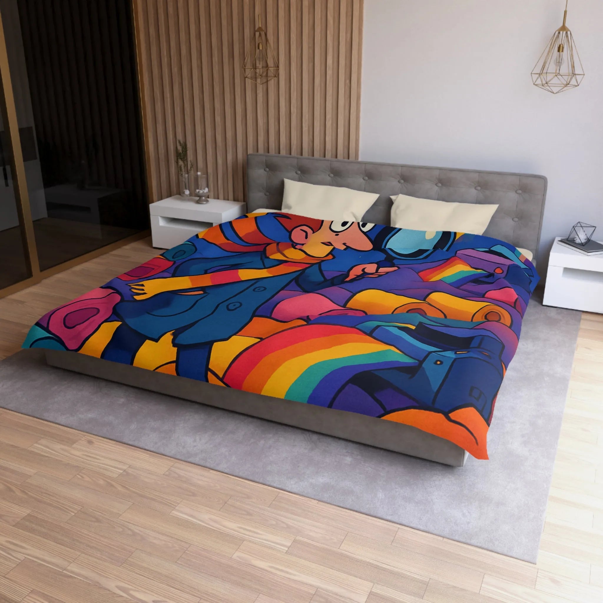 Explorez les couleurs et mystères sur housse de couette lumineuse avec détective fantaisiste