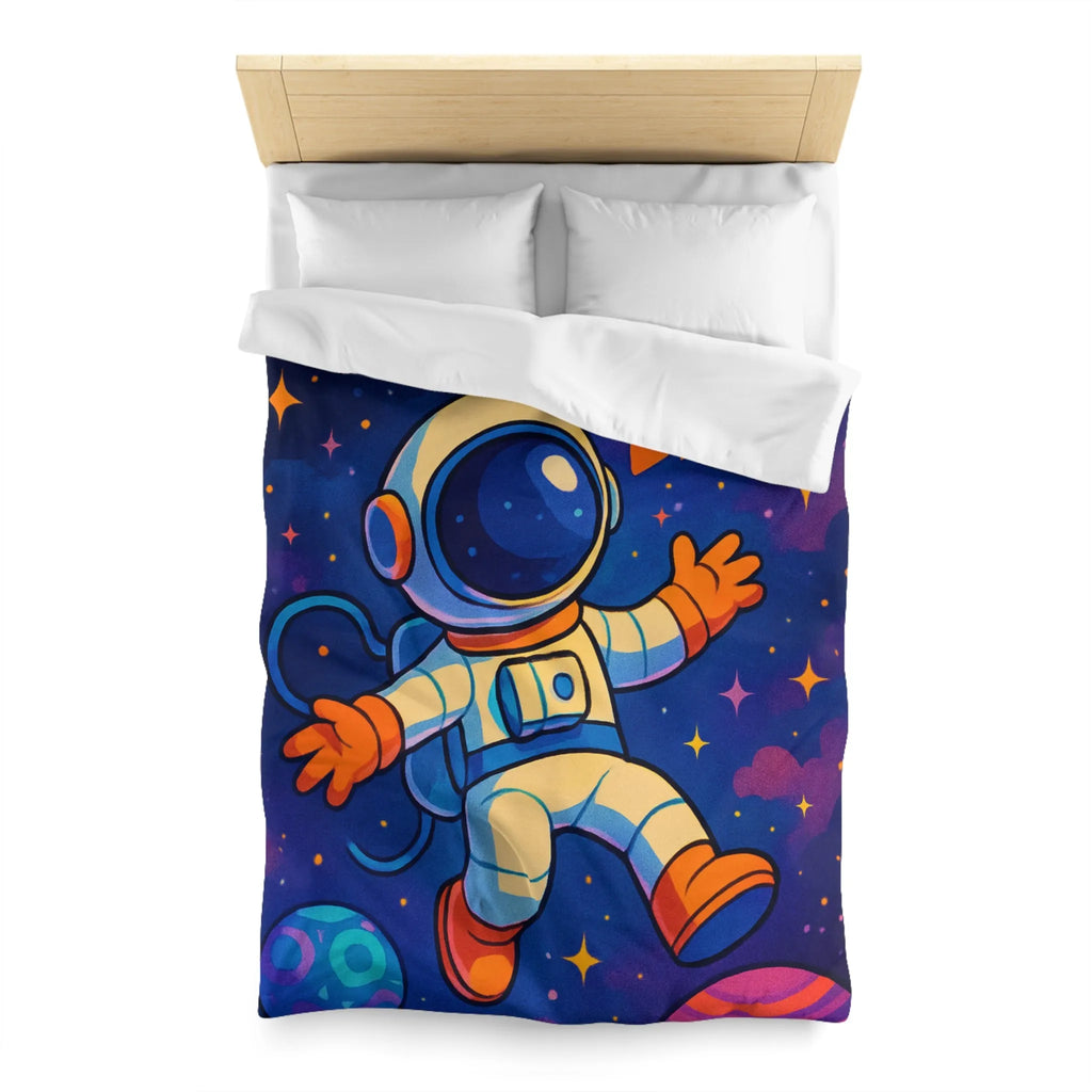 Housse de couette espace colorée avec astronaute flottant et fusée brillante