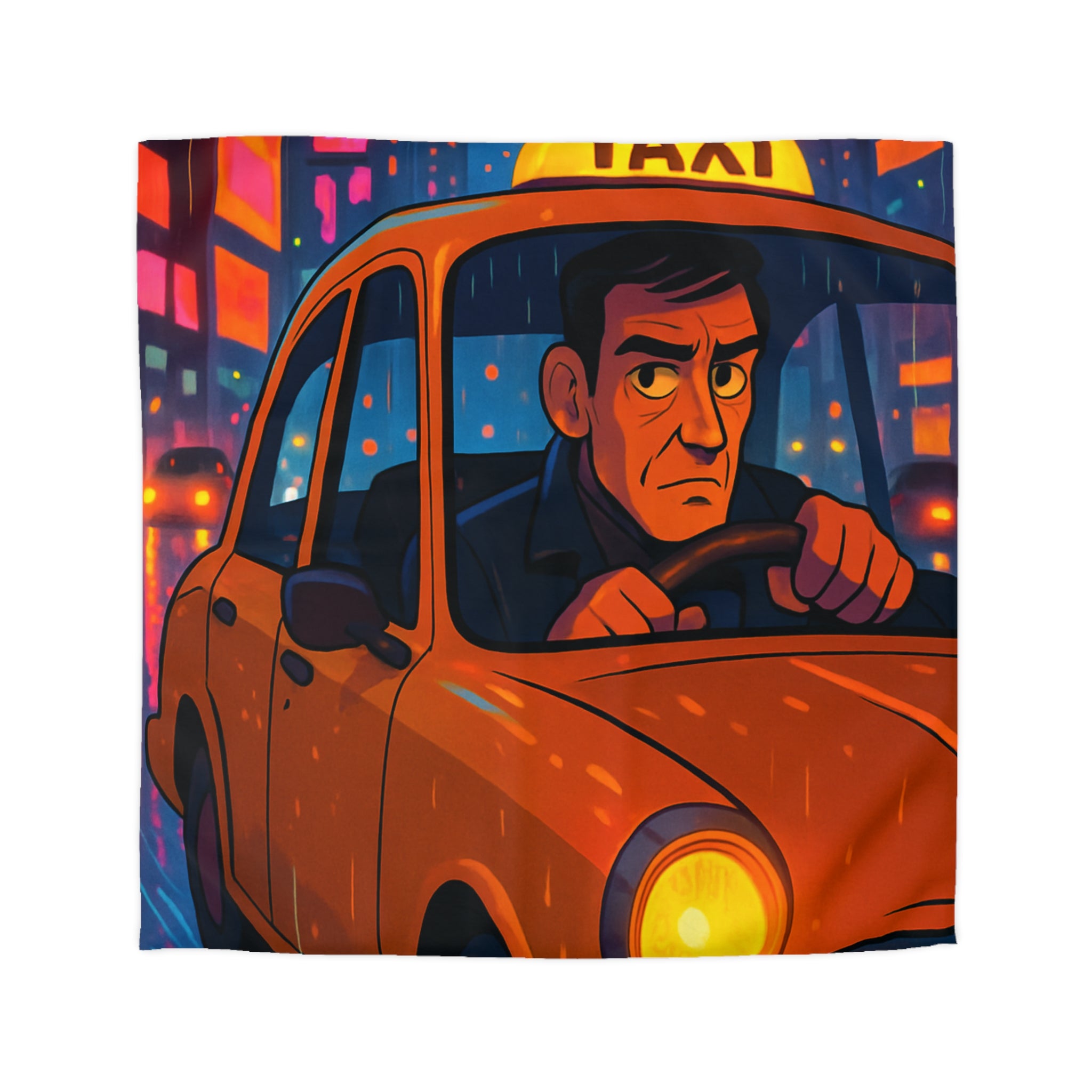 Illustration Nocturne Métropole avec Chauffeur de Taxi sous Pluie pour Housse de Couette