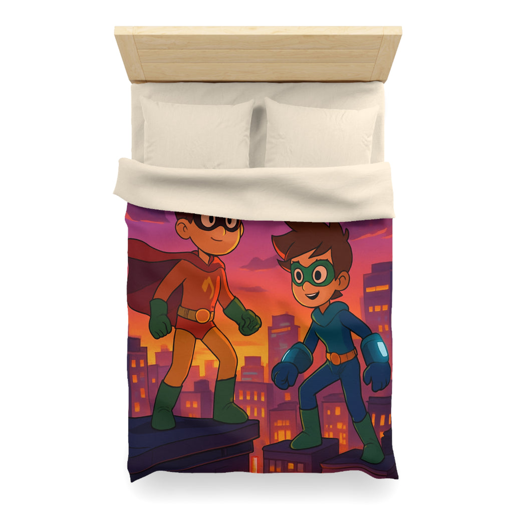 Housse de couette pour enfants avec deux jeunes super-héros au coucher du soleil