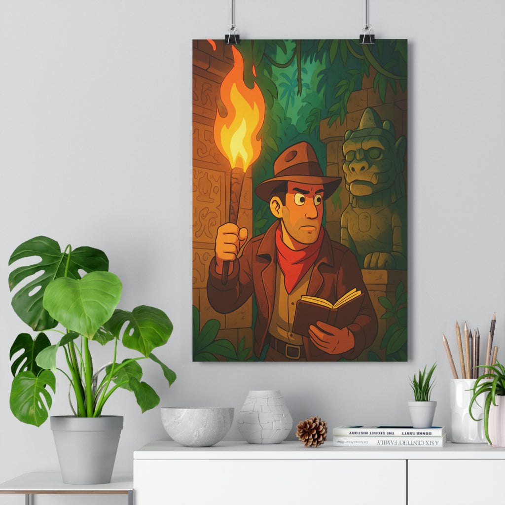 Poster décoratif aventure jungle vibrant couleur chaude vert explorateur statue dessin animé bureau qualité