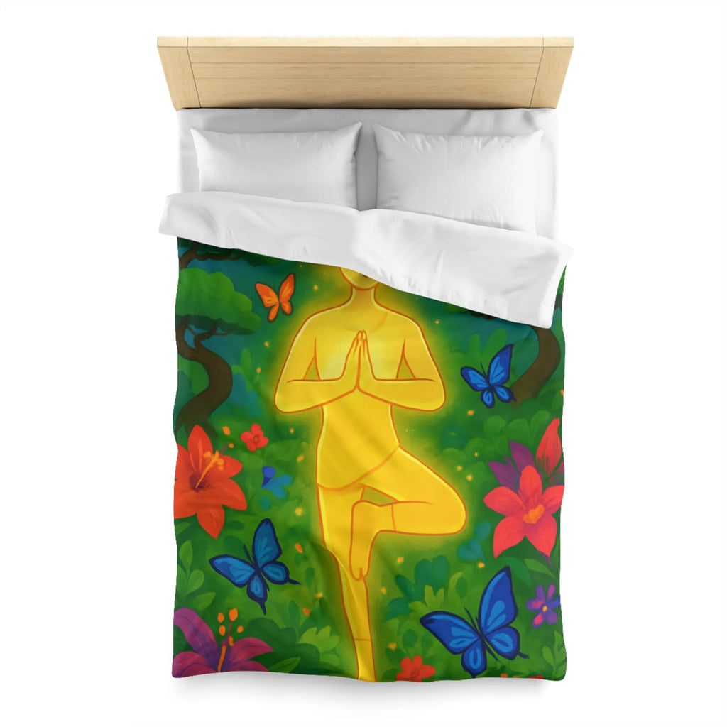 Housse de Couette avec Design Méditatif et Papillons Multicolores en Forêt Luxuriante