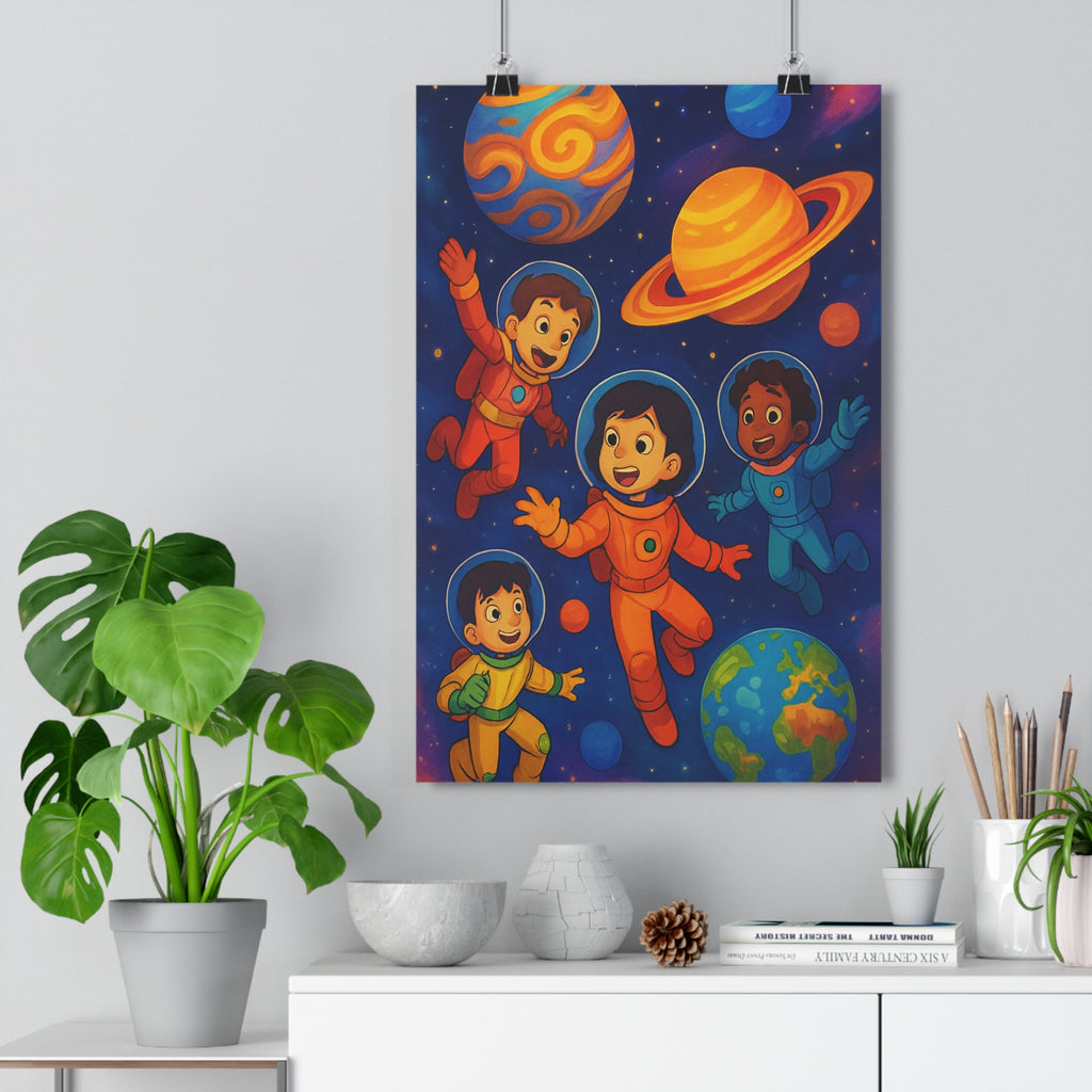 Poster décoratif enfant espace cartoon joyeux astronaute planète coloré chambre bleu orange étoiles qualité