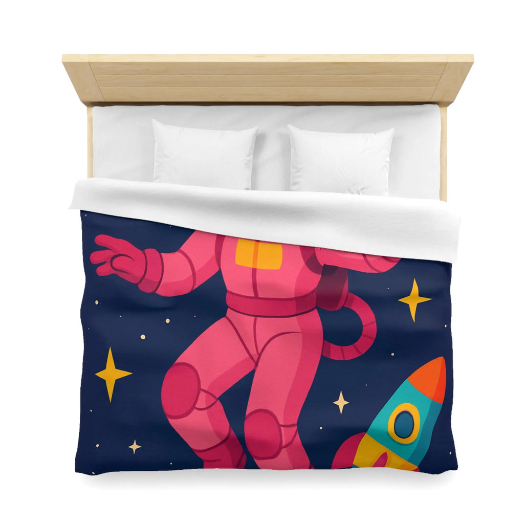Housse de couette enfant avec astronaute rose et planètes colorées en fond spatial
