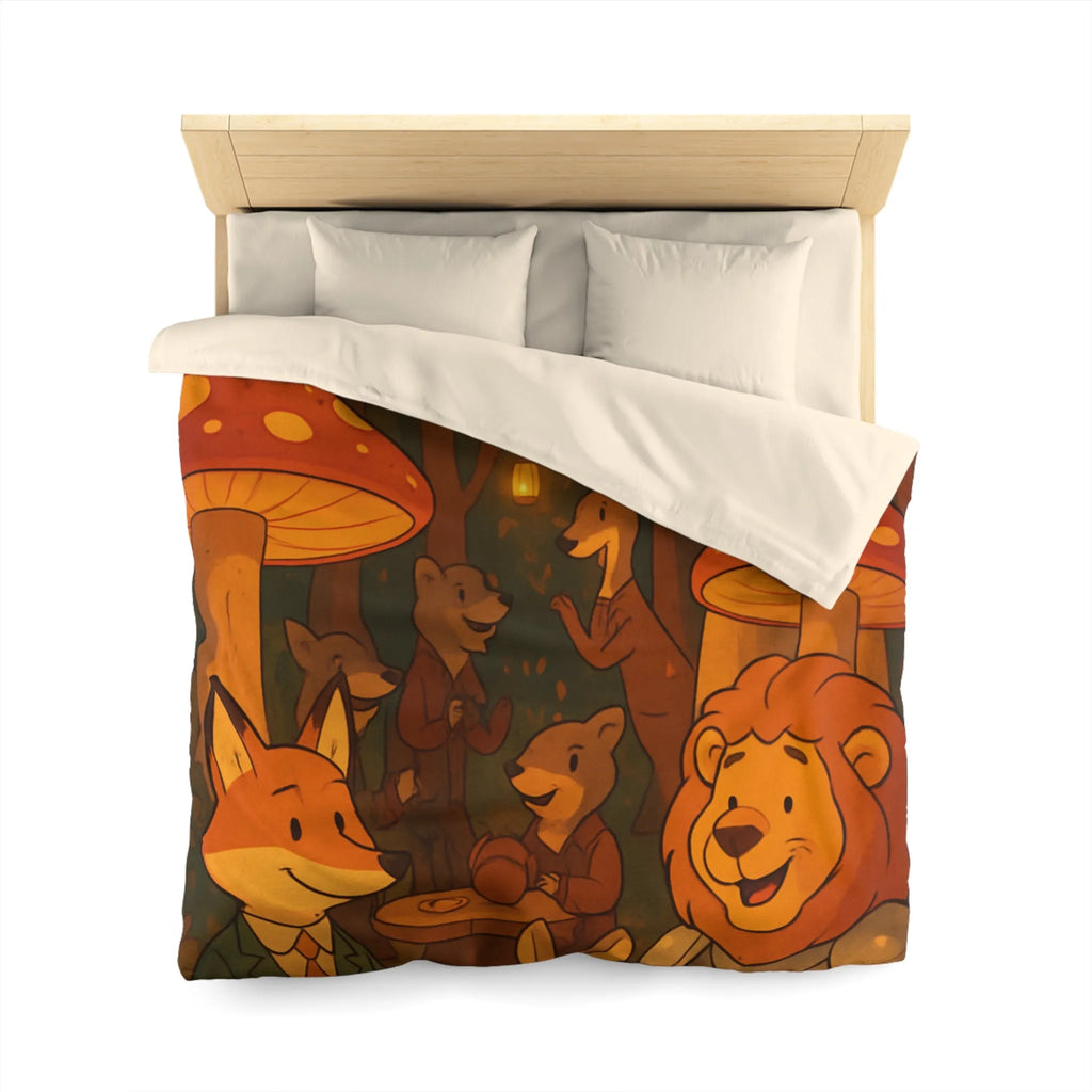 Housse de couette enchantée avec animaux sous champignons géants dans une forêt magique