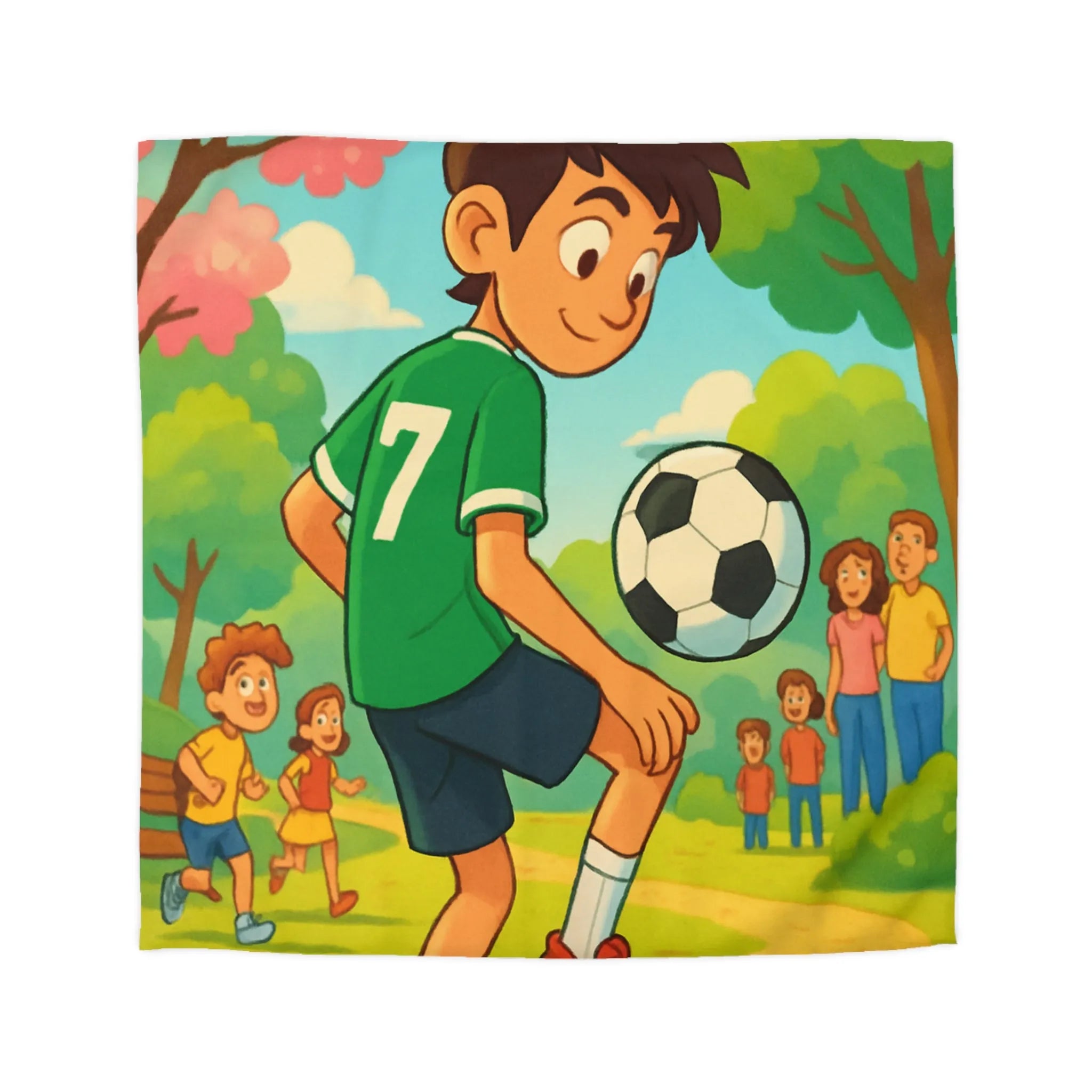 'Housse de couette enfant : garçon jouant au football dans parc coloré et animé'