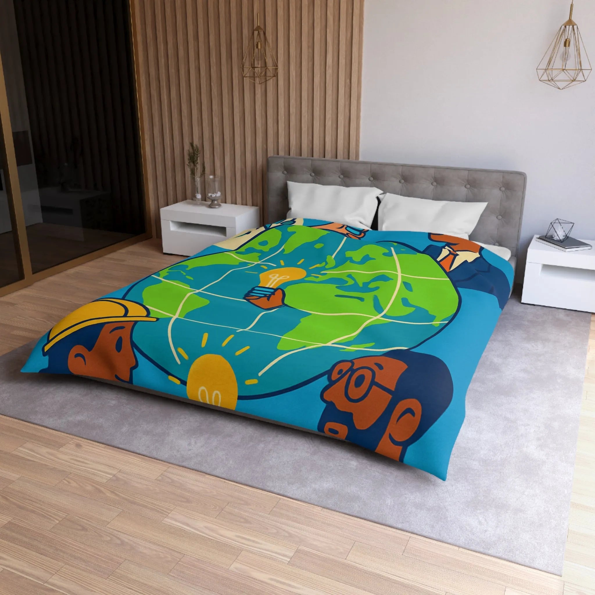 Housse de couette innovante avec globe, diversité et ampoules lumineuses pour un monde uni