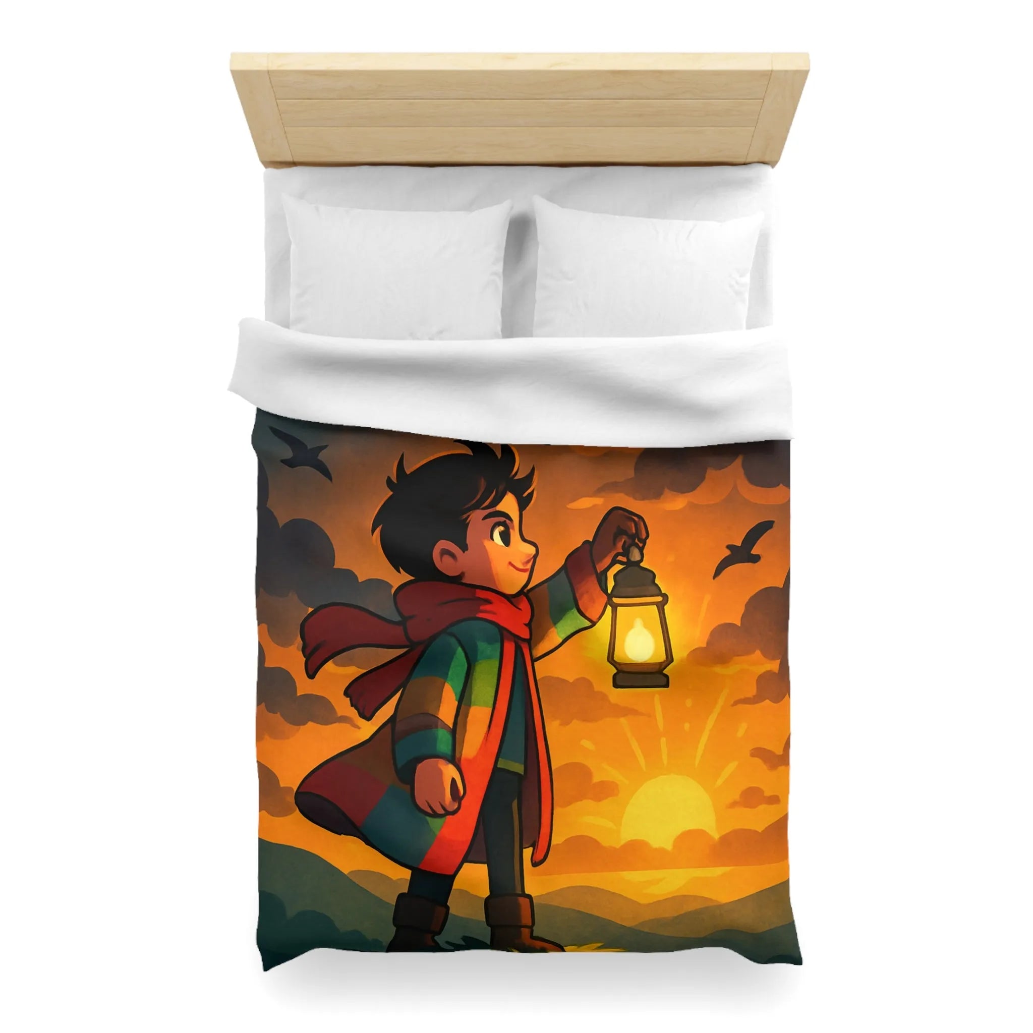 Housse de couette avec illustration enfantine colorée : garçon, lanterne, ciel dramatique