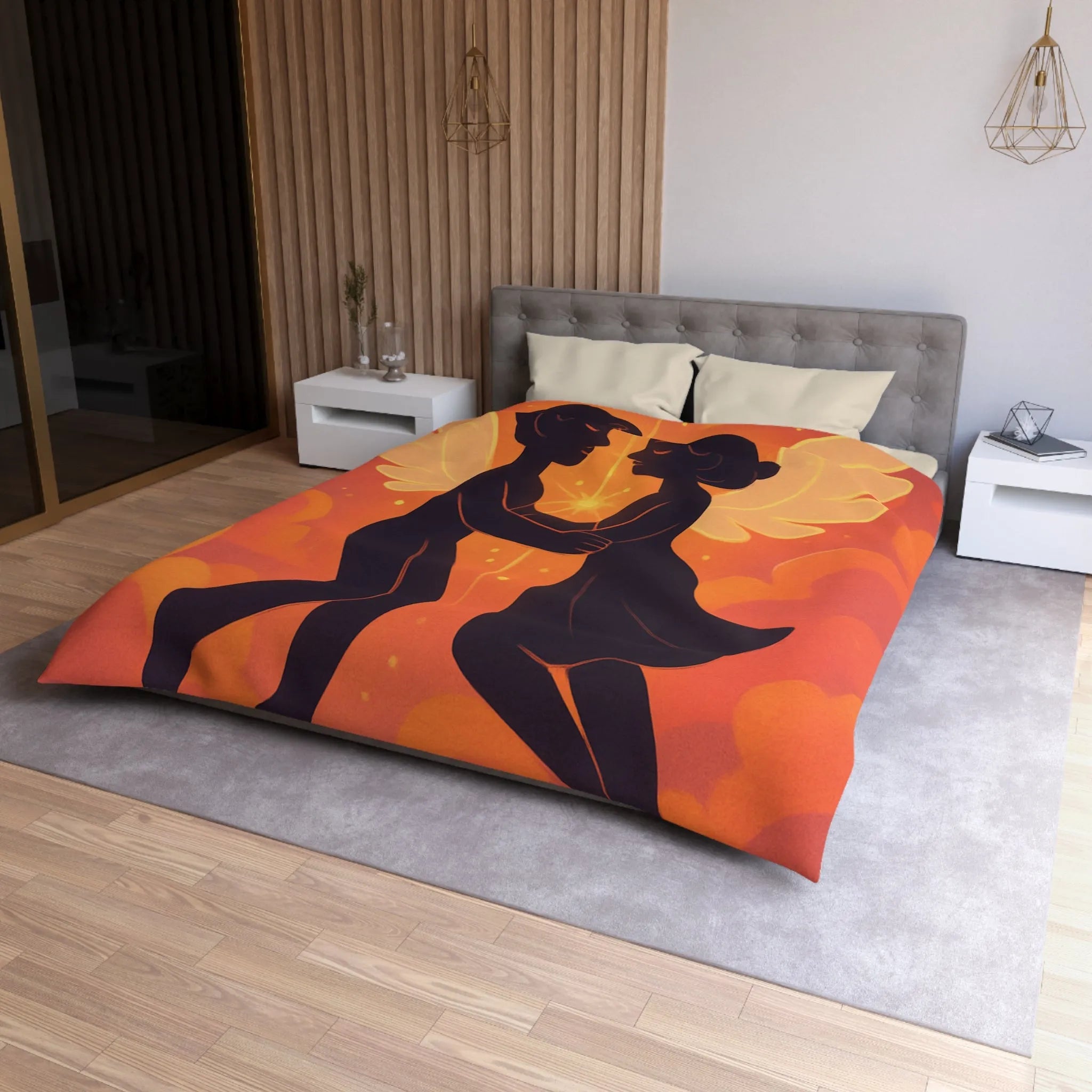 Housse de couette avec anges amoureux flottant dans nuages orangés dorés au crépuscule