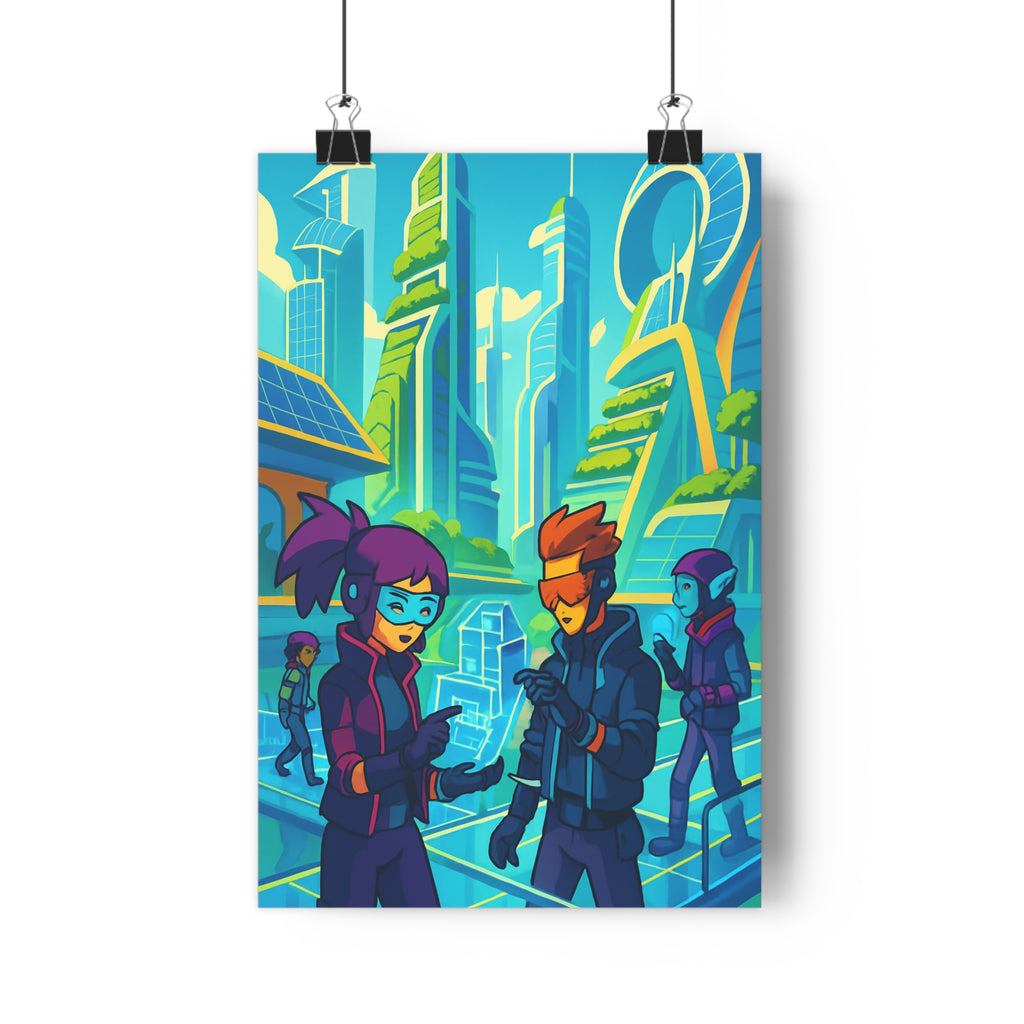 Poster décoratif futuriste animé bleu vert dynamique cyberpunk chambre bureau moderne 30x46 vibrant ville