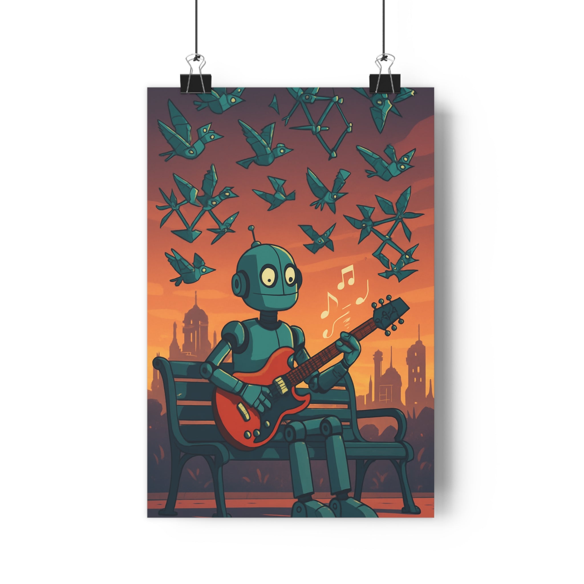 Poster décoratif robot guitare steampunk cyberpunk bleu orange futuriste salon bureau 30x46 rêveur ambiance