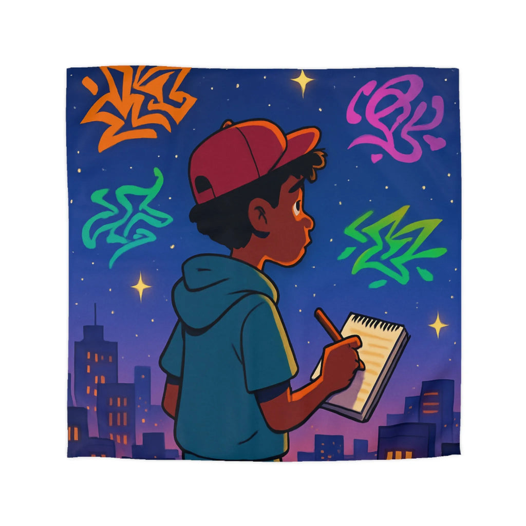 Housse de couette avec jeune artiste dessinant sous un ciel étoilé urbain coloré