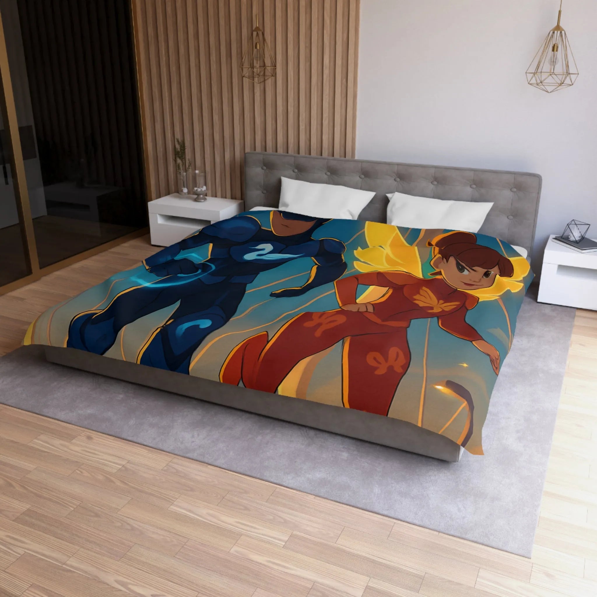 Housse de Couette Avec Héros Masqués et Ville au Crépuscule pour Chambre Enfant