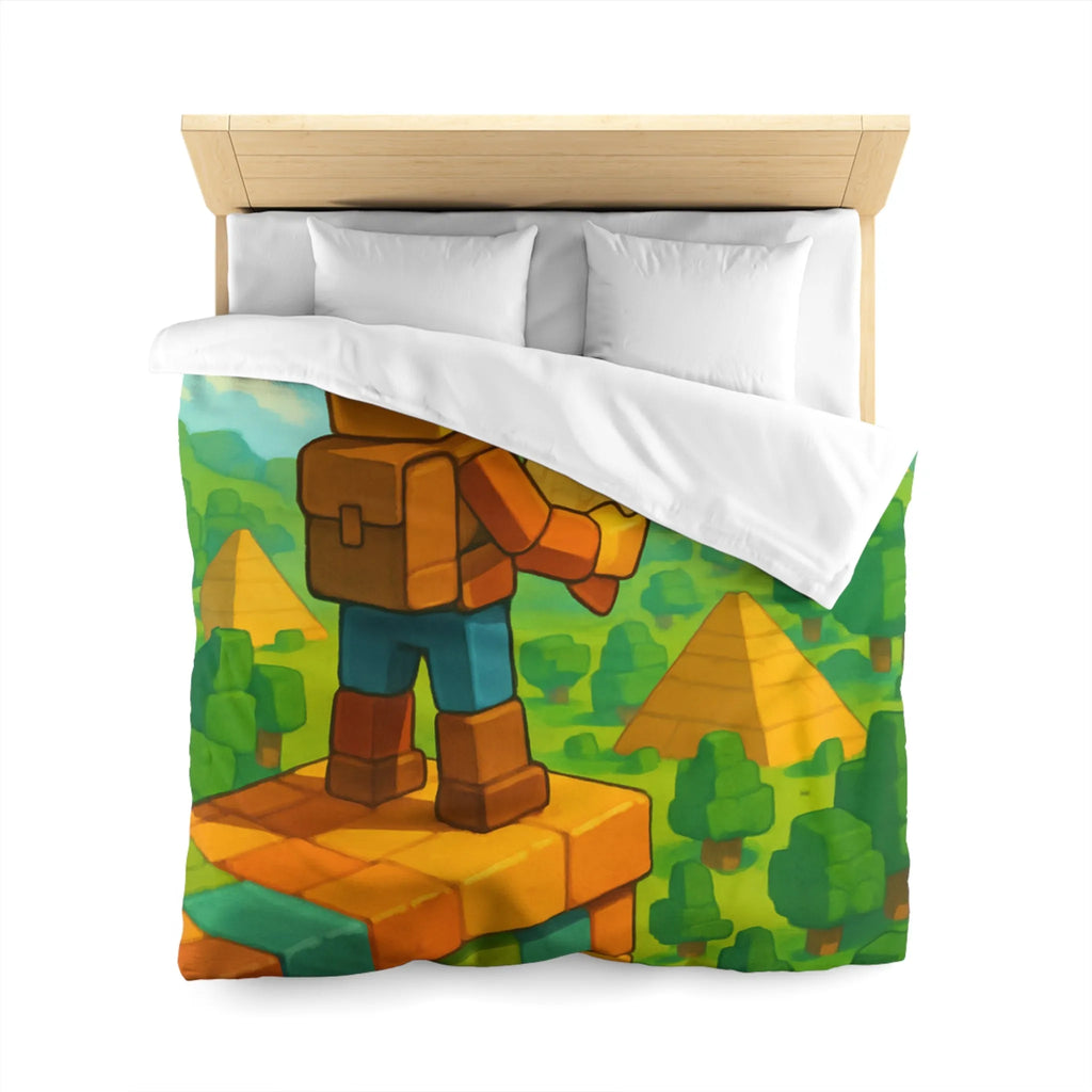 Housse de Couette Ludique Aventure Pixelisée Explorateur Carte Forêt Pyramide Enfant
