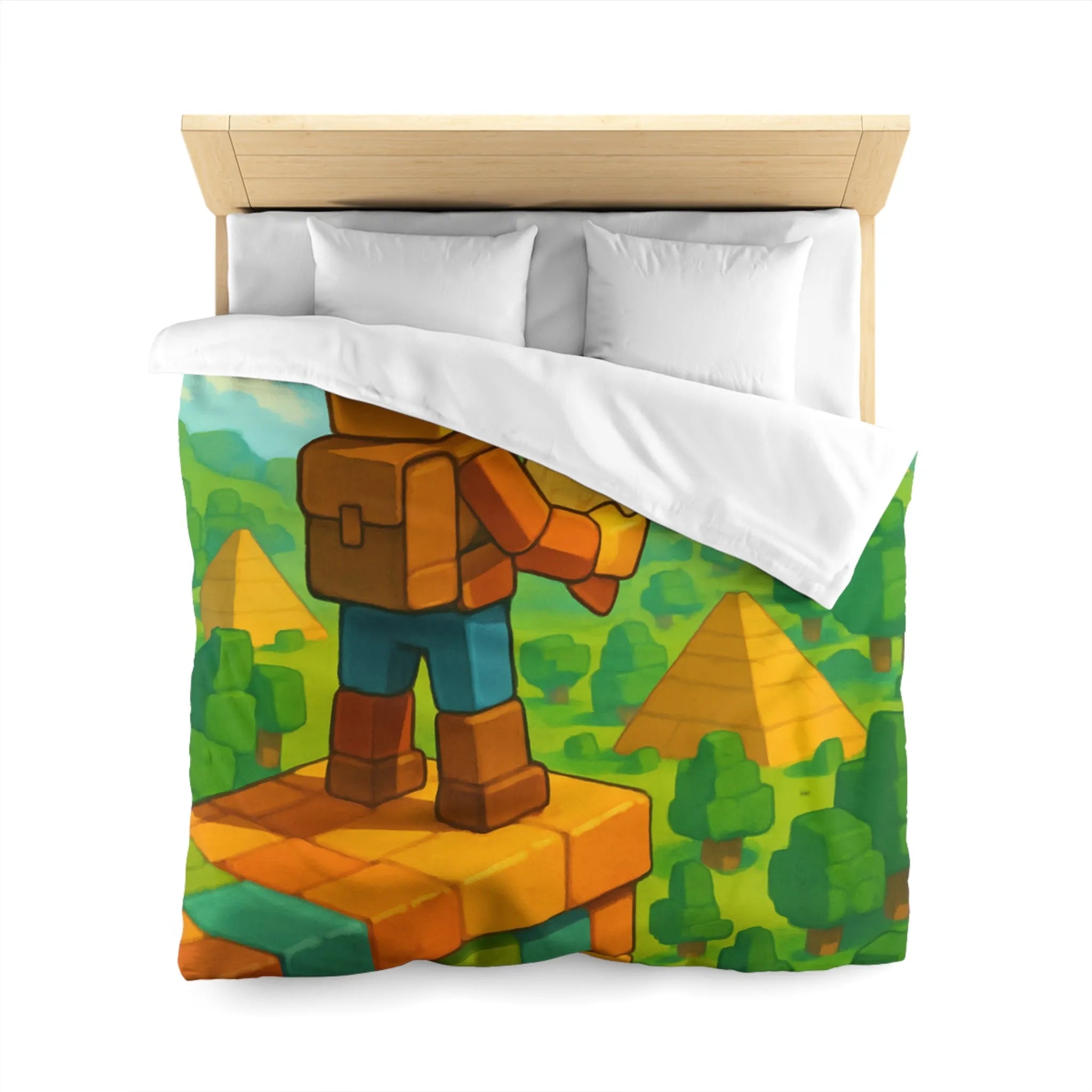 Housse de Couette Ludique Aventure Pixelisée Explorateur Carte Forêt Pyramide Enfant