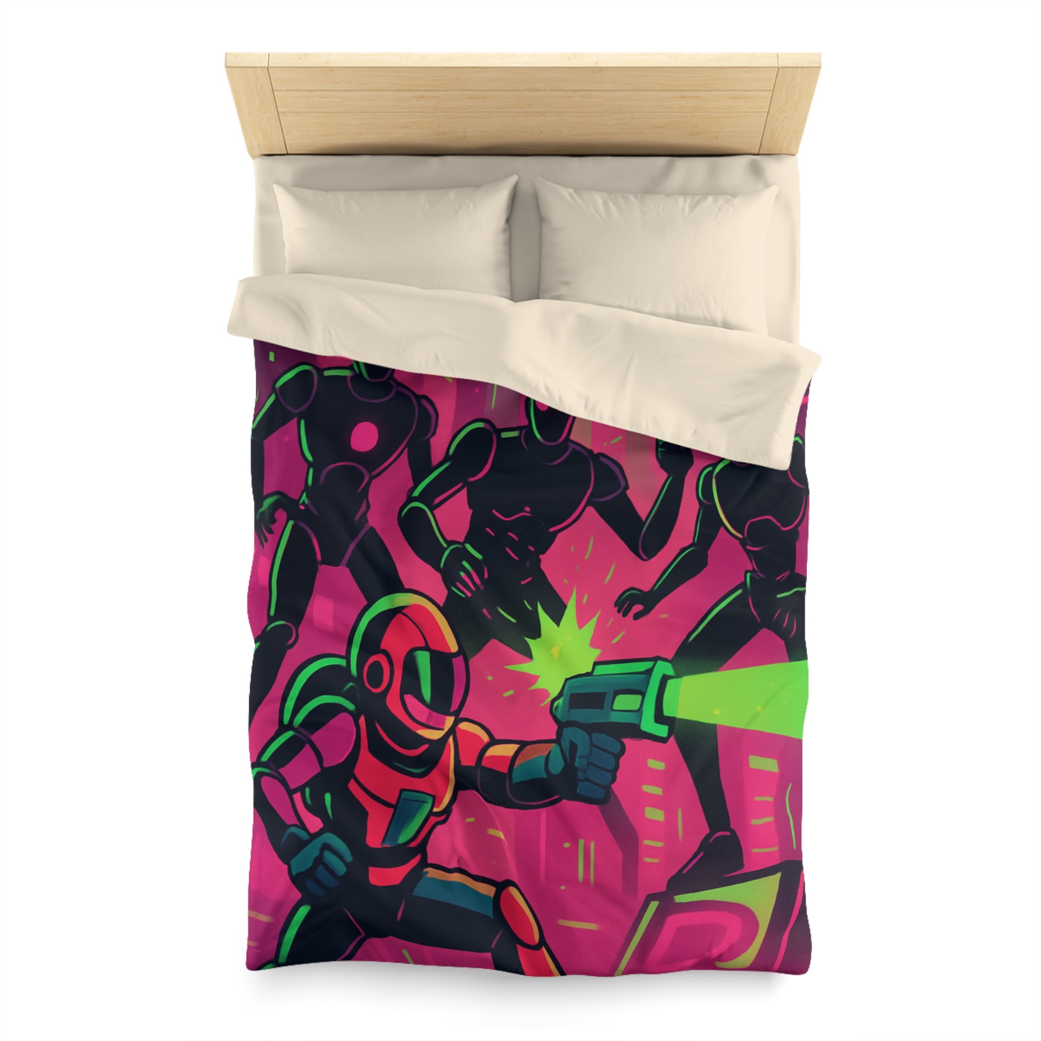 Housse de couette néon futuriste avec combat spatial, designs vifs rétro et cyberpunk