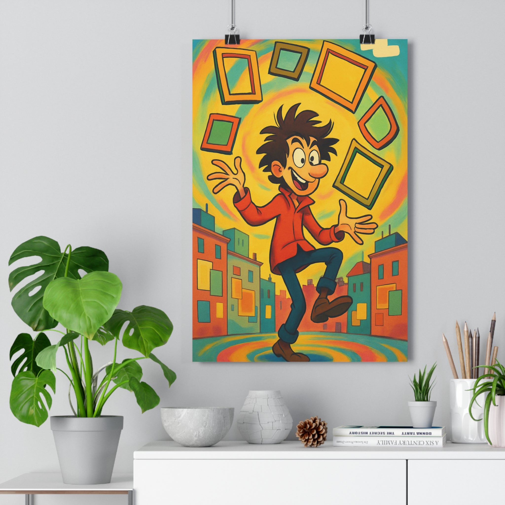 Poster décoratif dynamique cartoon jaune orange bleu joyeux salon chambre enfant bureau créatif vibrant