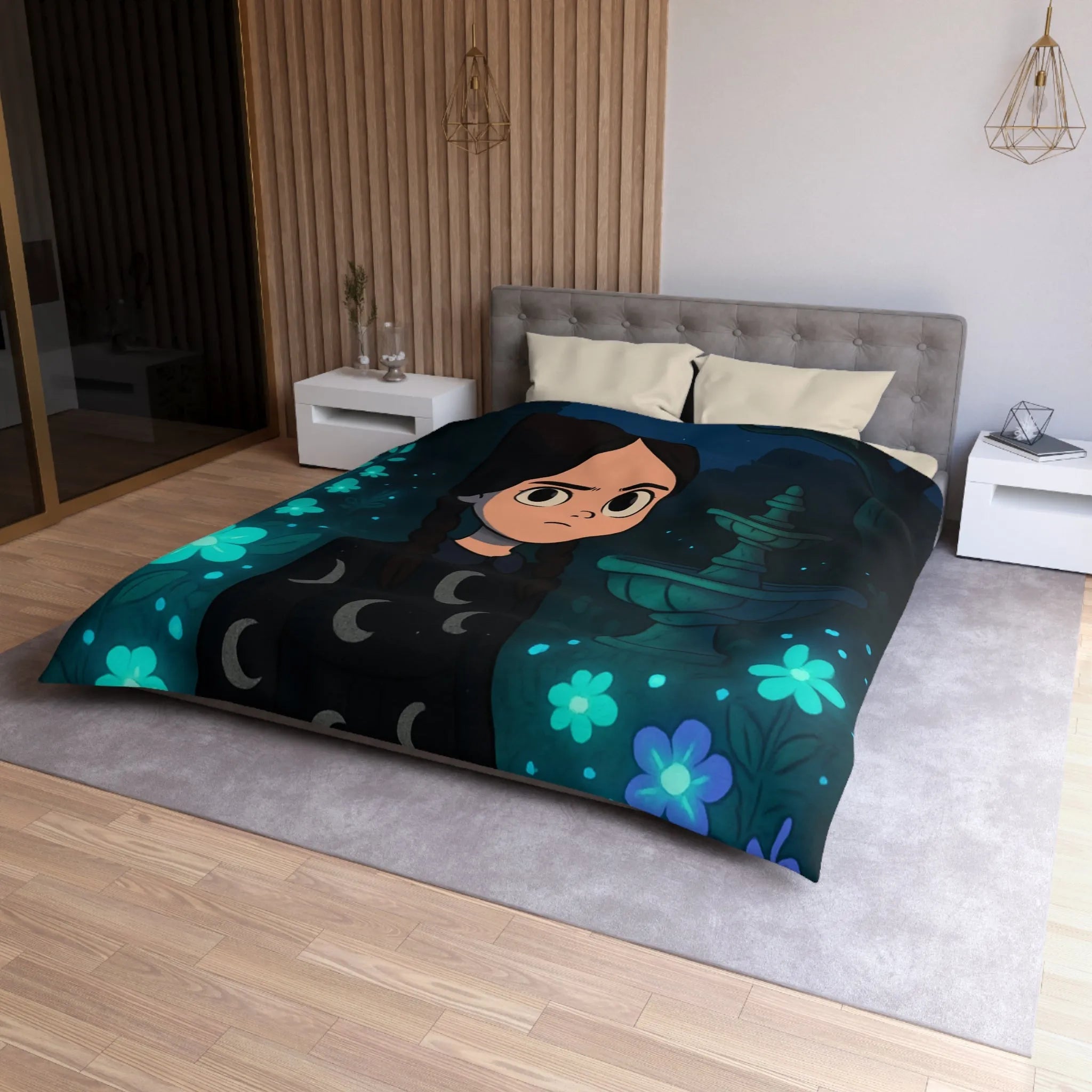 Housse de Couette Enfantine avec Motif Lune et Fleurs naturellement Nocture