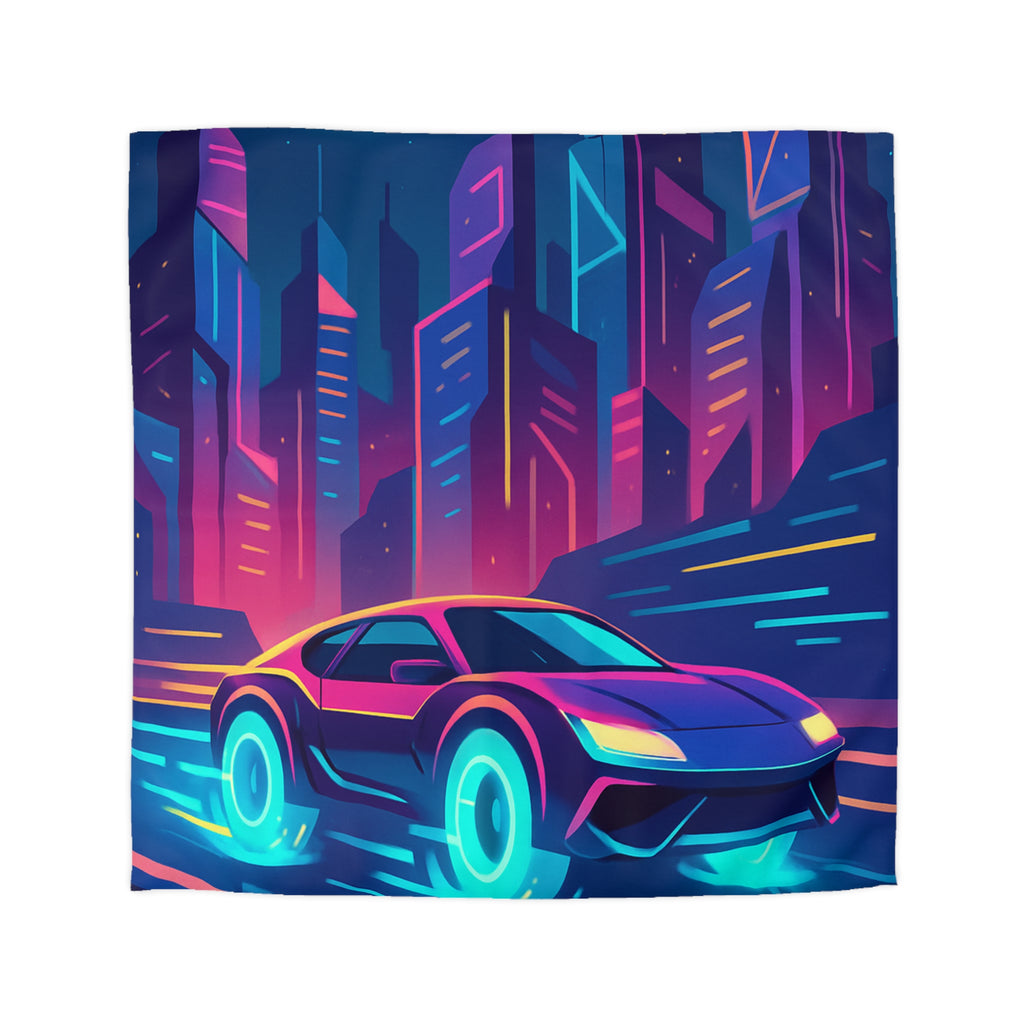 Parure de lit futuriste avec voiture néon sous lune pleine en ville vibrante