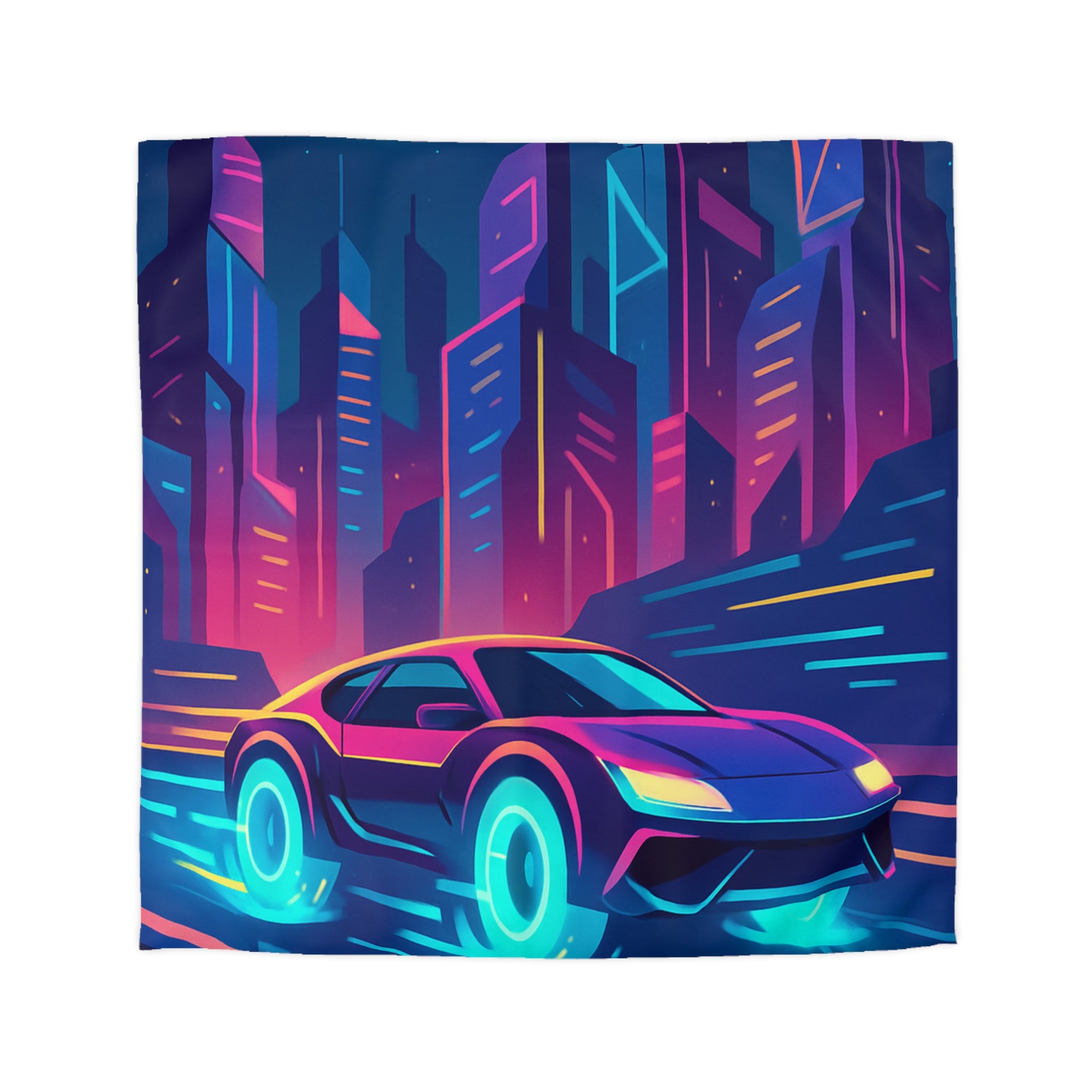 Parure de lit futuriste avec voiture néon sous lune pleine en ville vibrante