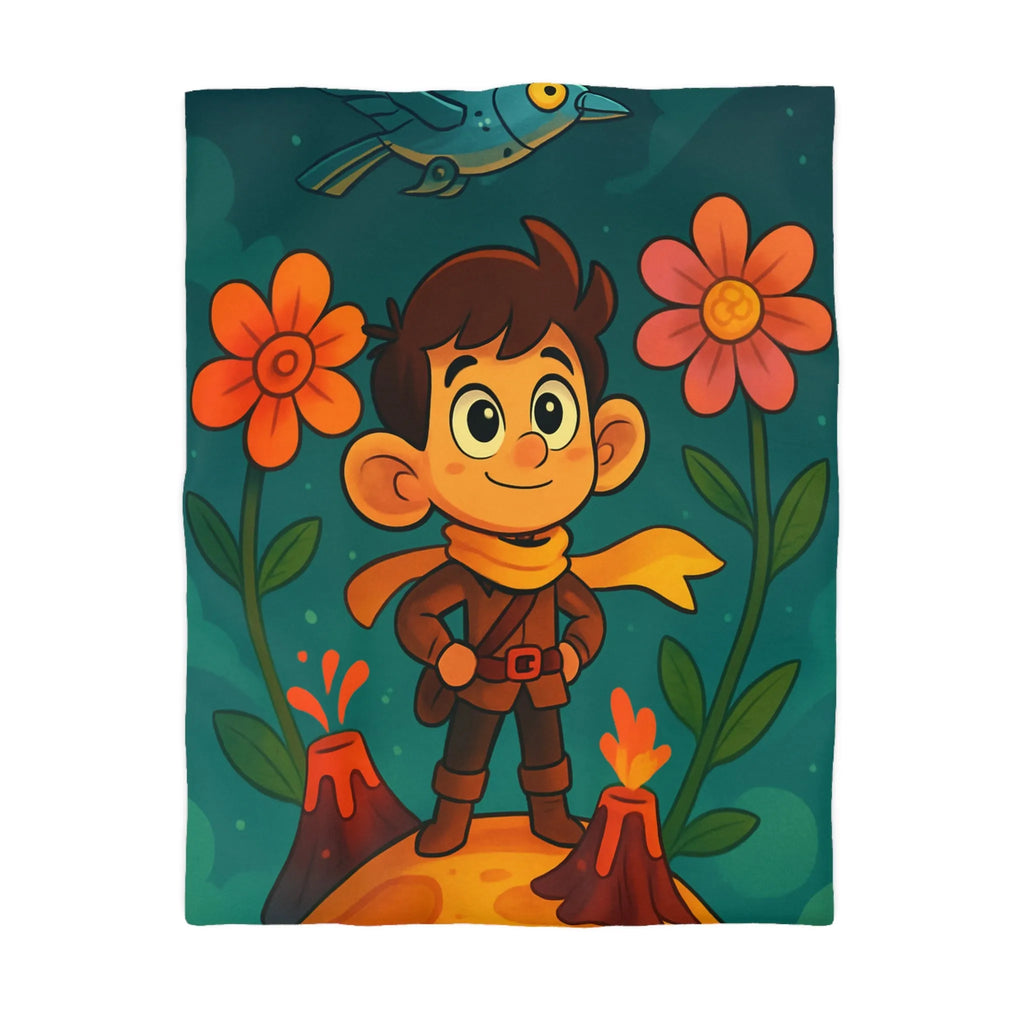 Housse de Couette Enfantine : Aventure Fantastique sur Volcan Fleuri Coloré et Amusant