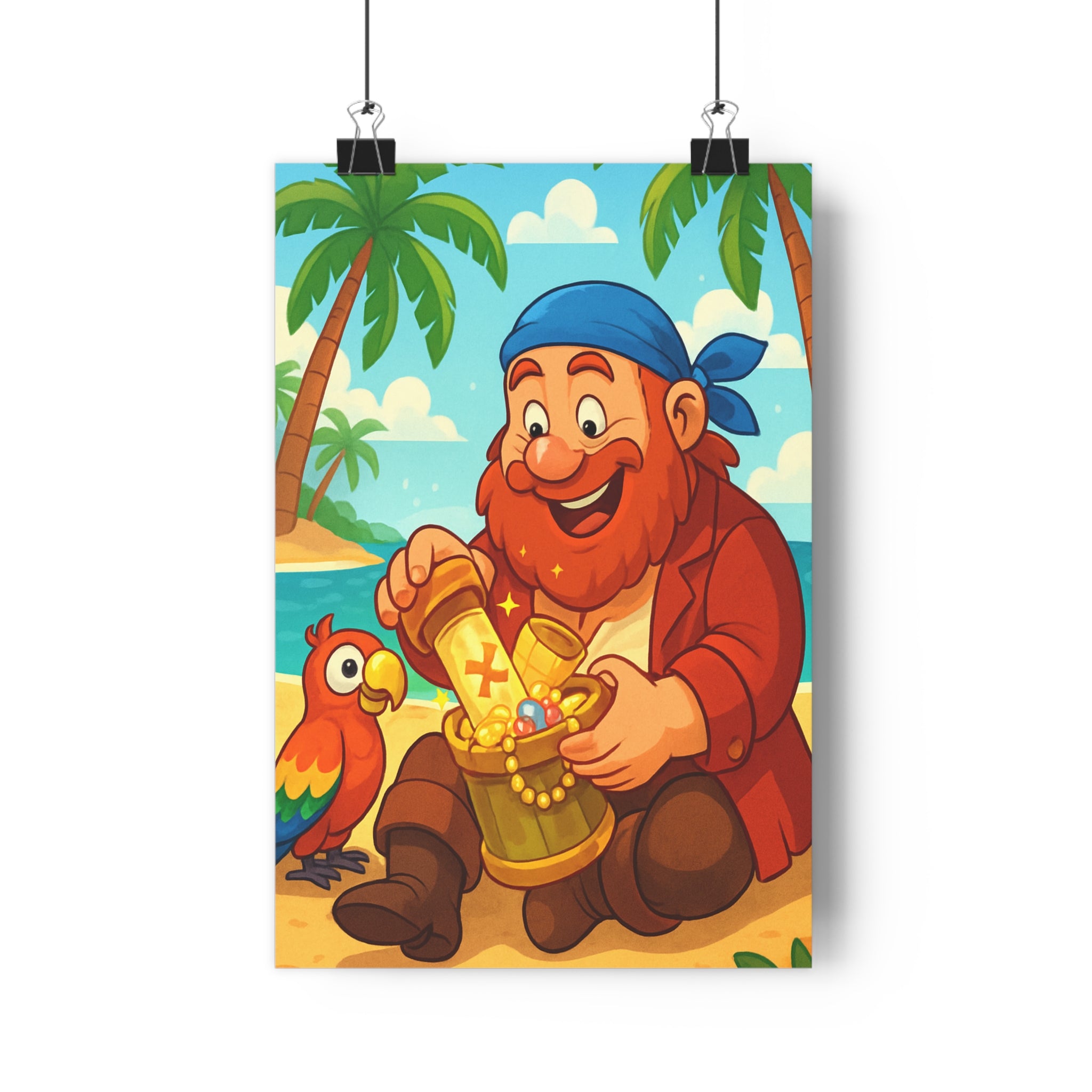 Poster décoratif pirate cartoon bleu pastel joyeux aventure chambre enfant moderne plage trésor perroquet