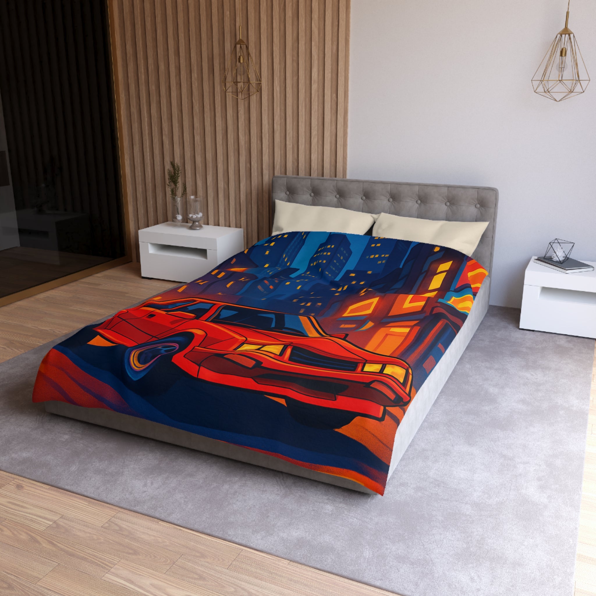 Housse de couette urbaine rétro avec voiture rouge lueur nocturne vibrante