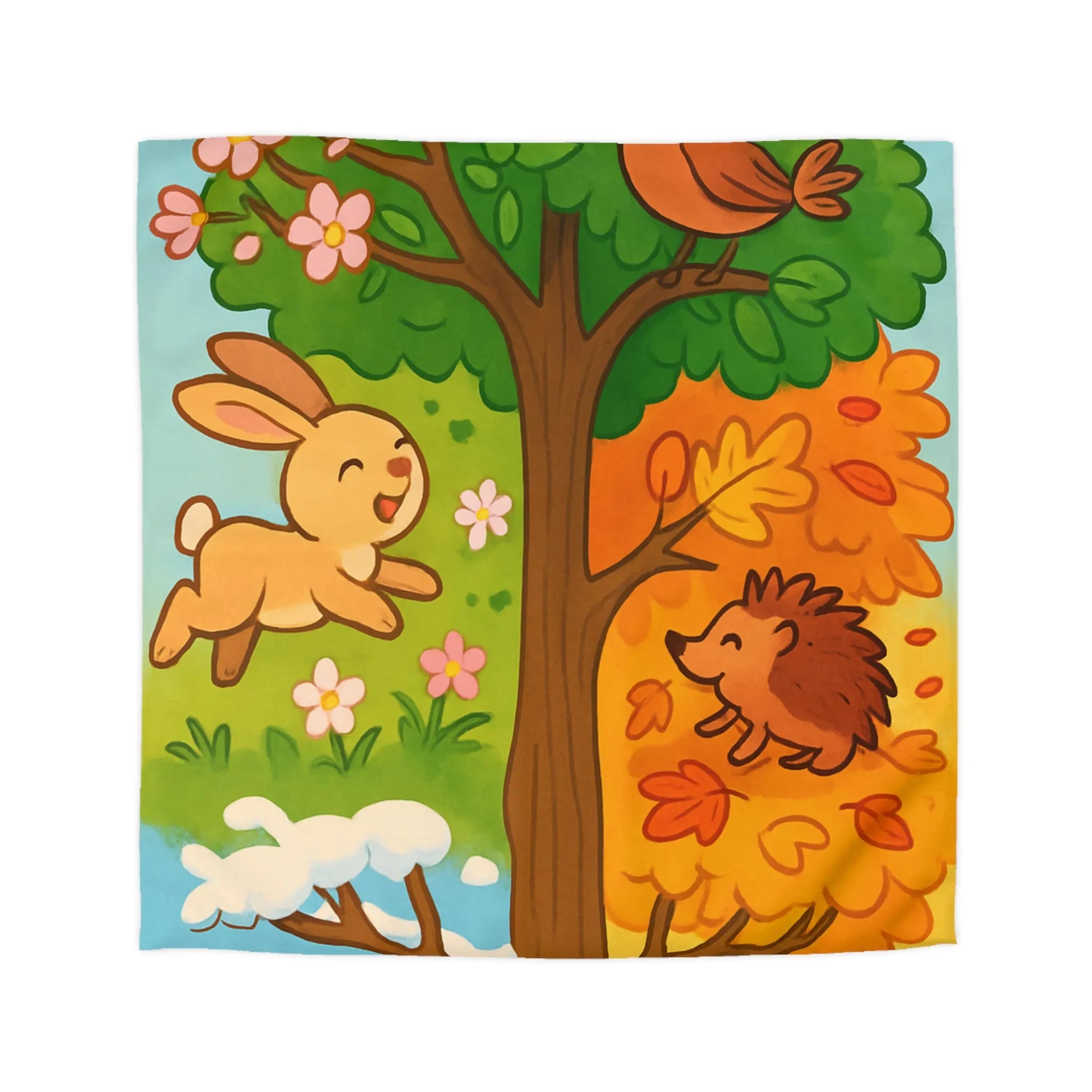 Housse de couette imprimée animaux des quatre saisons avec arbre coloré, nature joyeuse