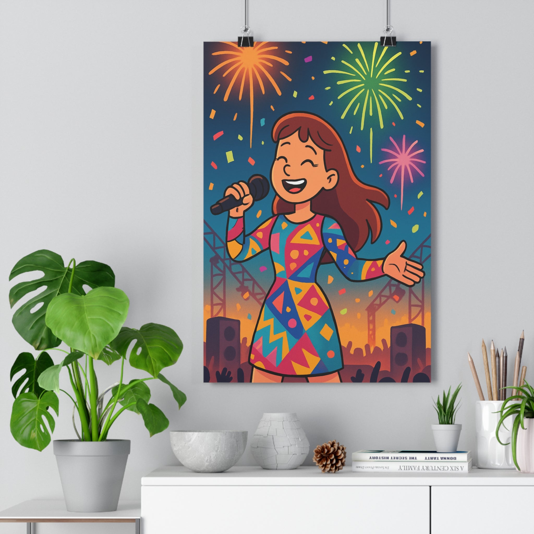 Poster décoratif chanteuse concert multicolore moderne joyeux chambre musique scène artistique vibrant tendance lumineux