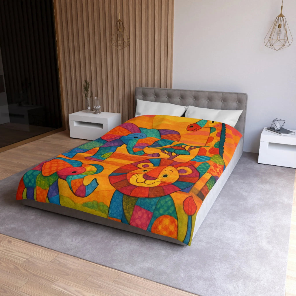 Housse de couette colorée avec éléphants, girafe et lion en style patchwork
