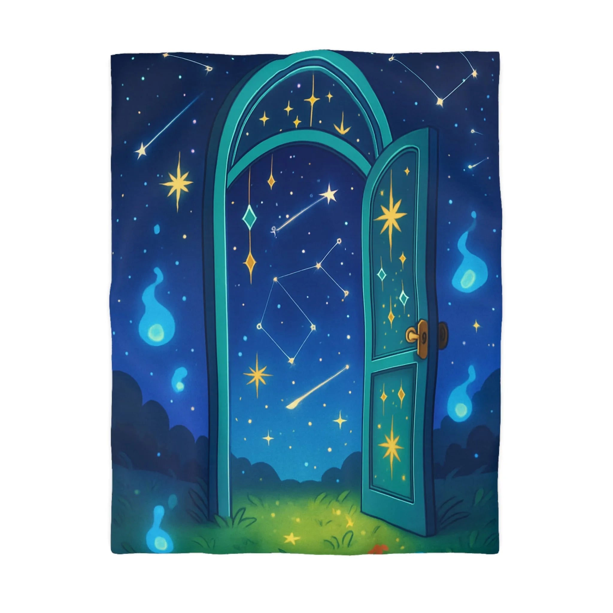 Housse de couette magique avec porte ouverte sur ciel étoilé bleu et constellations