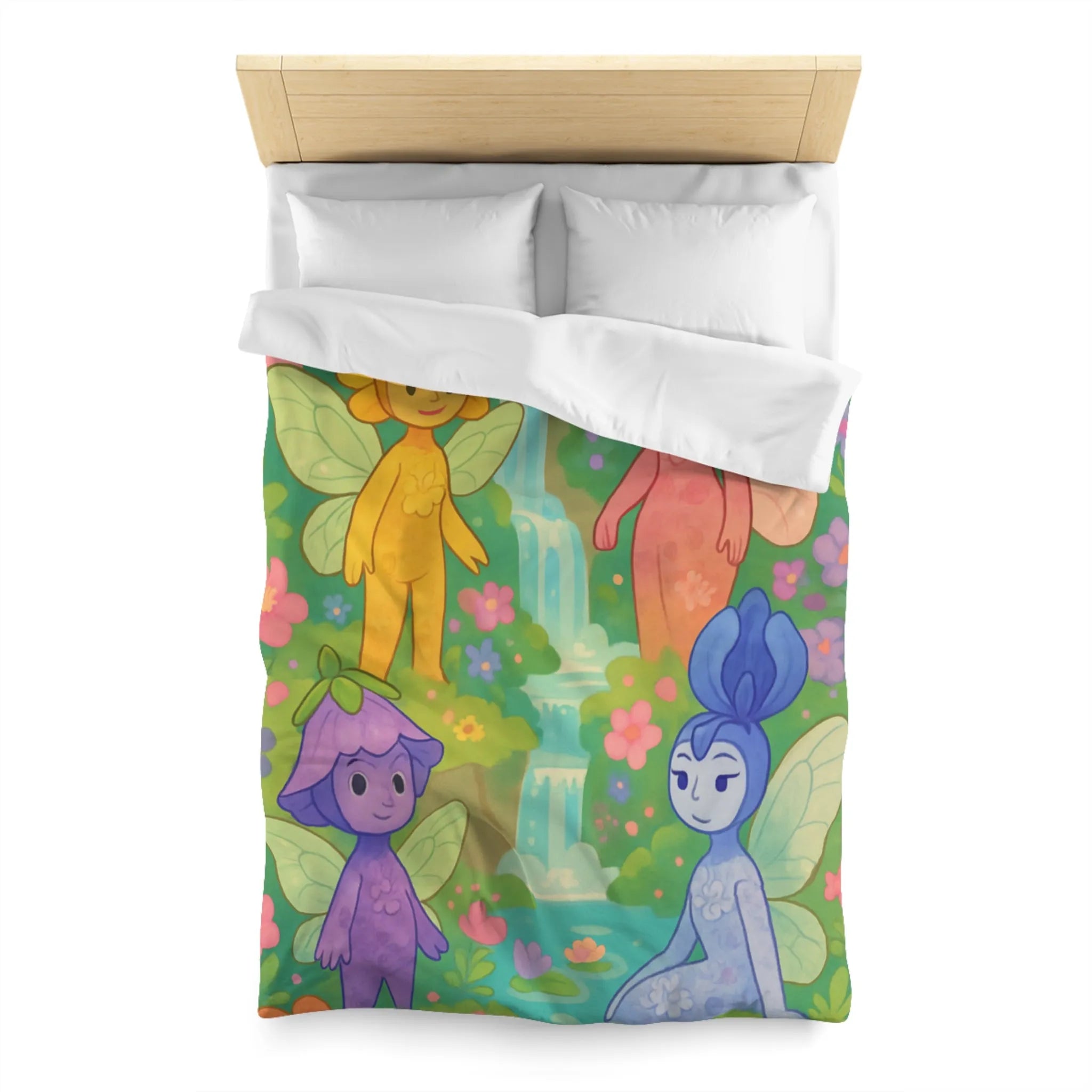 Housse de couette enchantée élégante avec fées colorées et cascade en arrière-plan