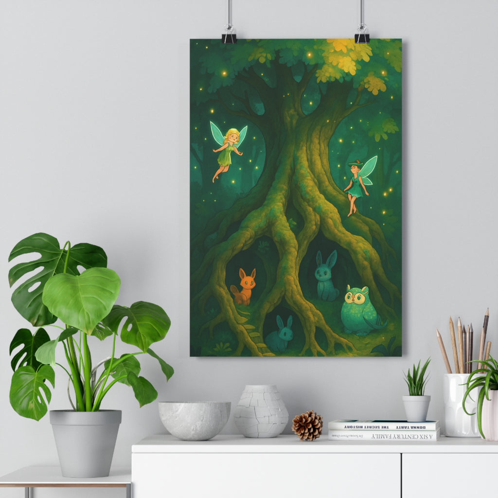 Poster décoratif fantaisie forêt enchantée vert lumineux magique salon chambre enfant nature vibrant qualité