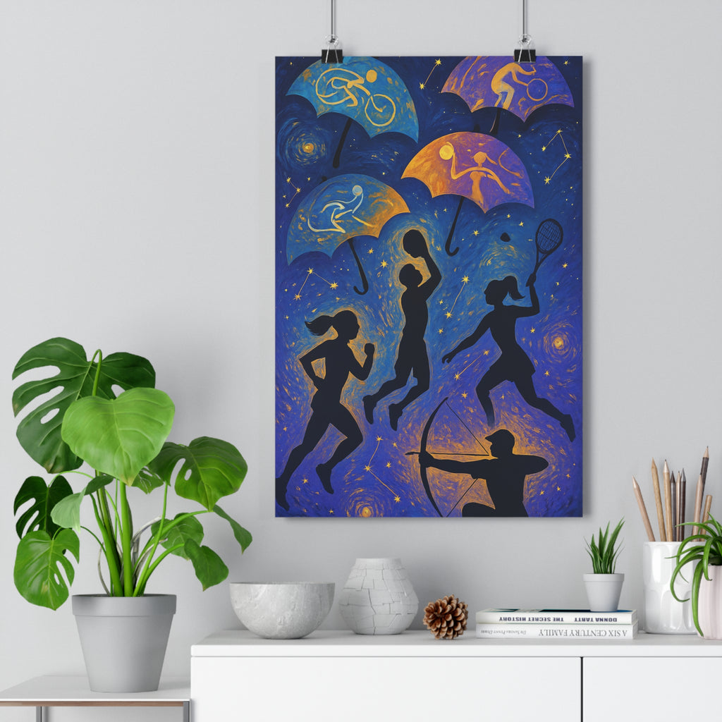 Poster décoratif artistique bleu orange sportif impressionniste dynamique salon chambre athlètes silhouettes jeux olympiques