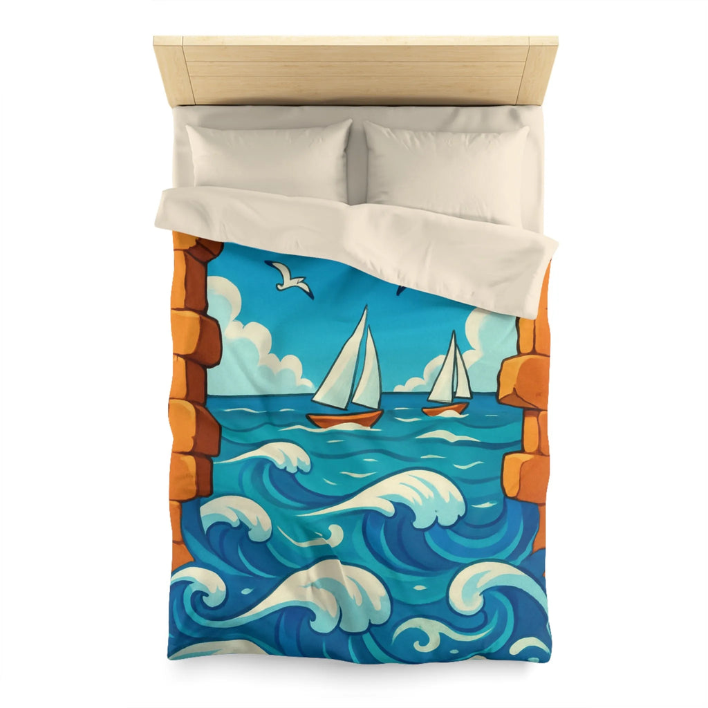 Housse de couette avec voiliers et mer, ambiance estivale bleu et orange